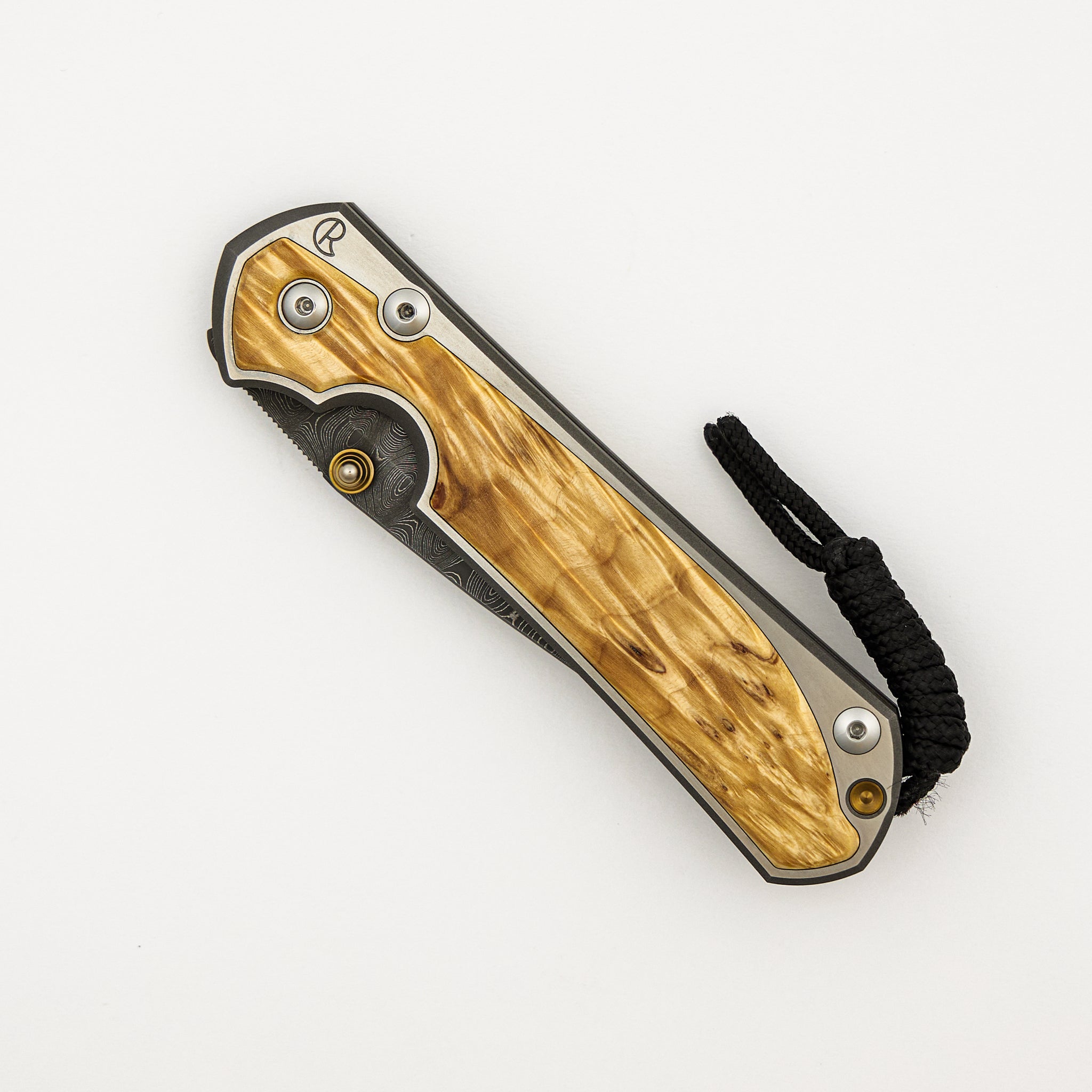 Large Sebenza 31 - Box Elder Inlay - Chad Nichols Stainless Ladder Blade - Gold Single Thumb Lug