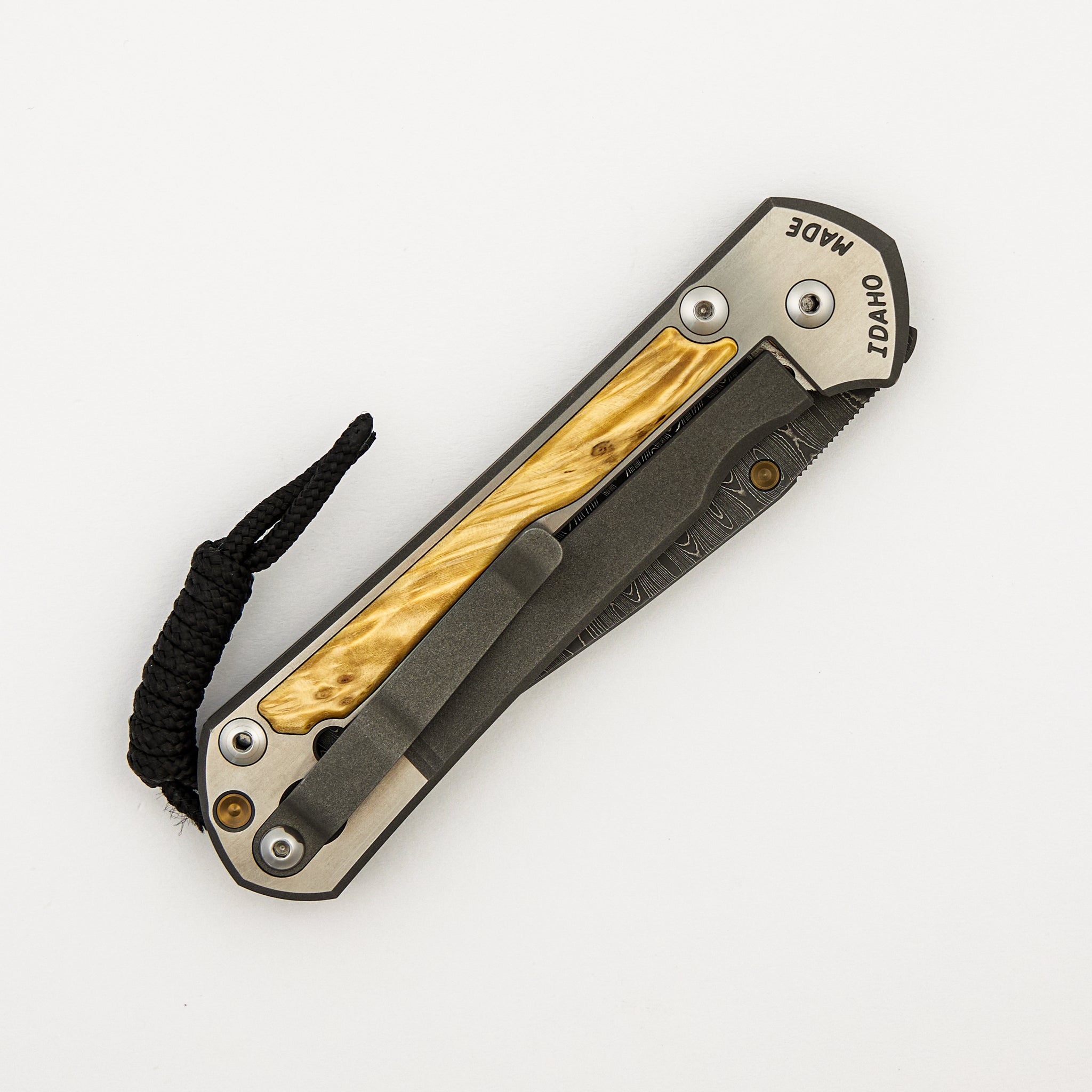 Large Sebenza 31 - Box Elder Inlay - Chad Nichols Stainless Ladder Blade - Gold Single Thumb Lug