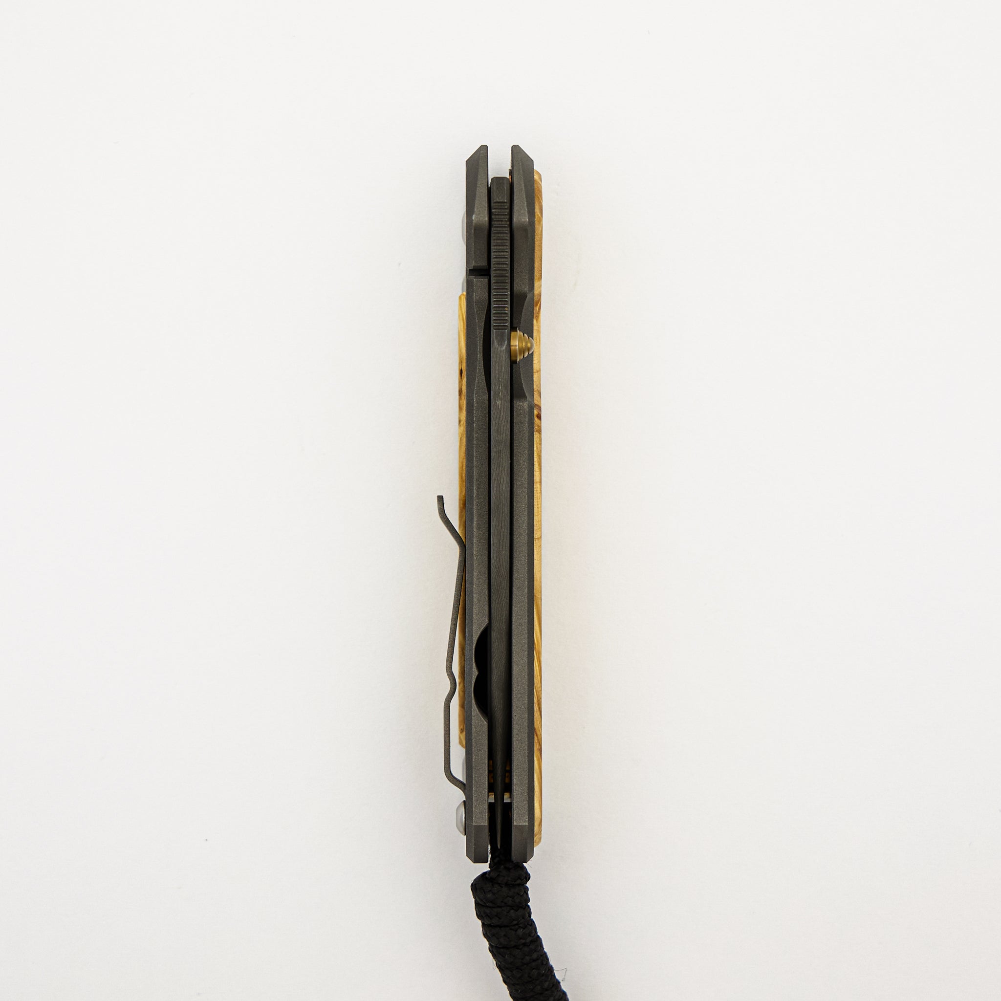 Large Sebenza 31 - Box Elder Inlay - Chad Nichols Stainless Ladder Blade - Gold Single Thumb Lug