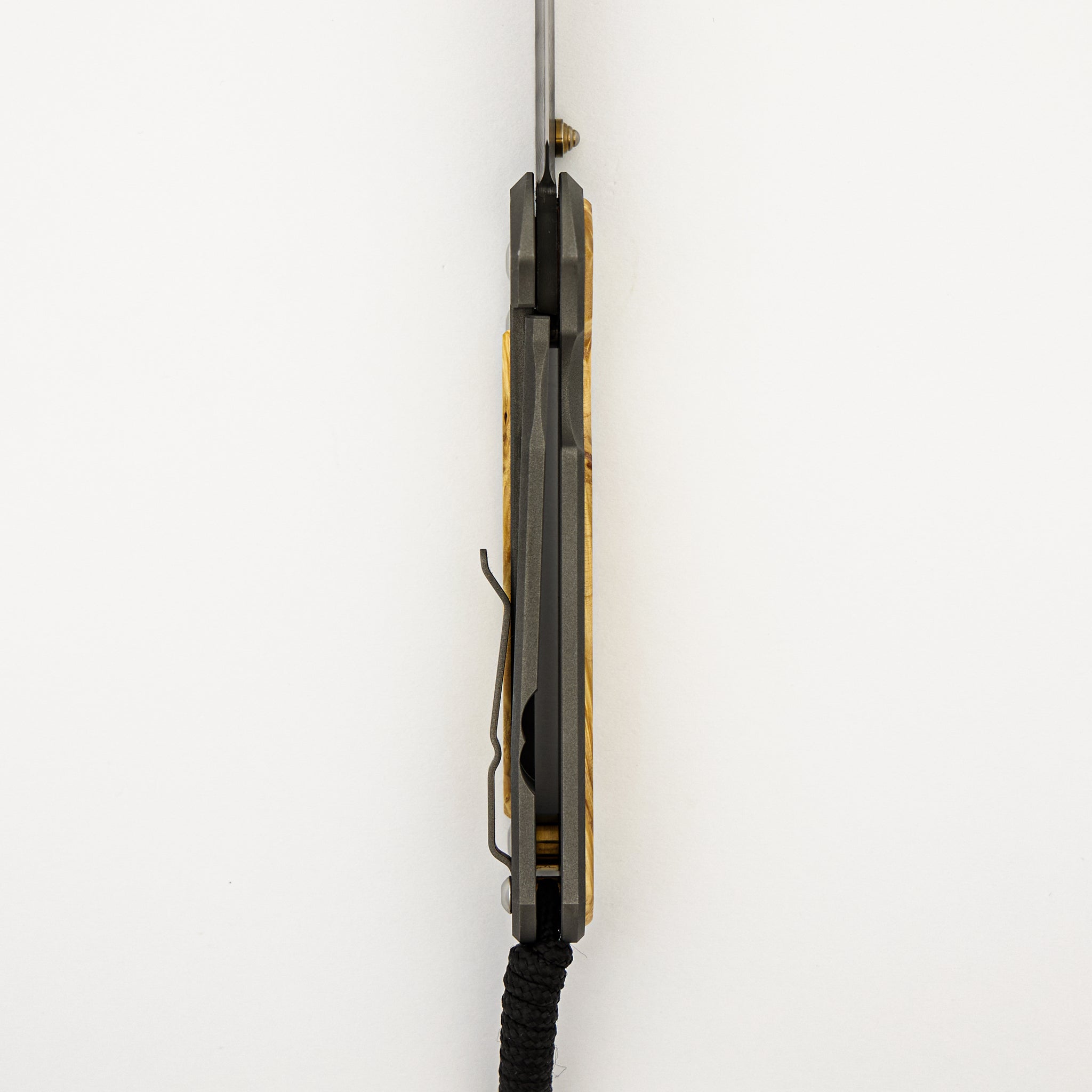 Large Sebenza 31 - Box Elder Inlay - Chad Nichols Stainless Ladder Blade - Gold Single Thumb Lug