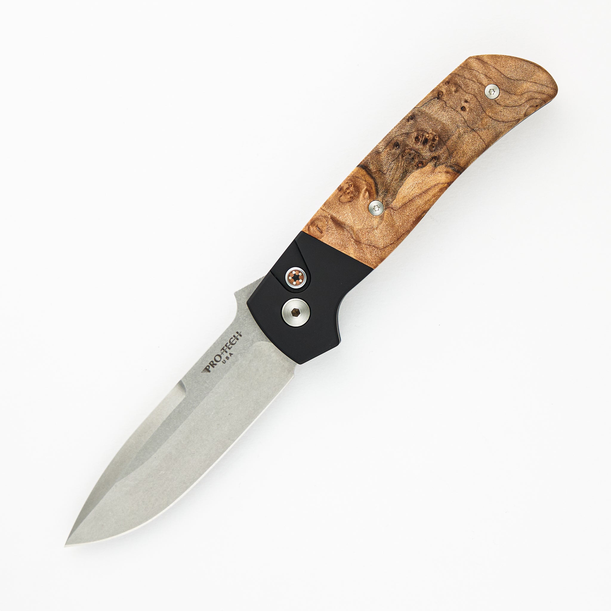 Terzuola ATCF Auto – Black Handle W- Maple Burl Inlays – Mosaic Push Button – Stonewash Magnacut Blade – Ti Clip – BT2706