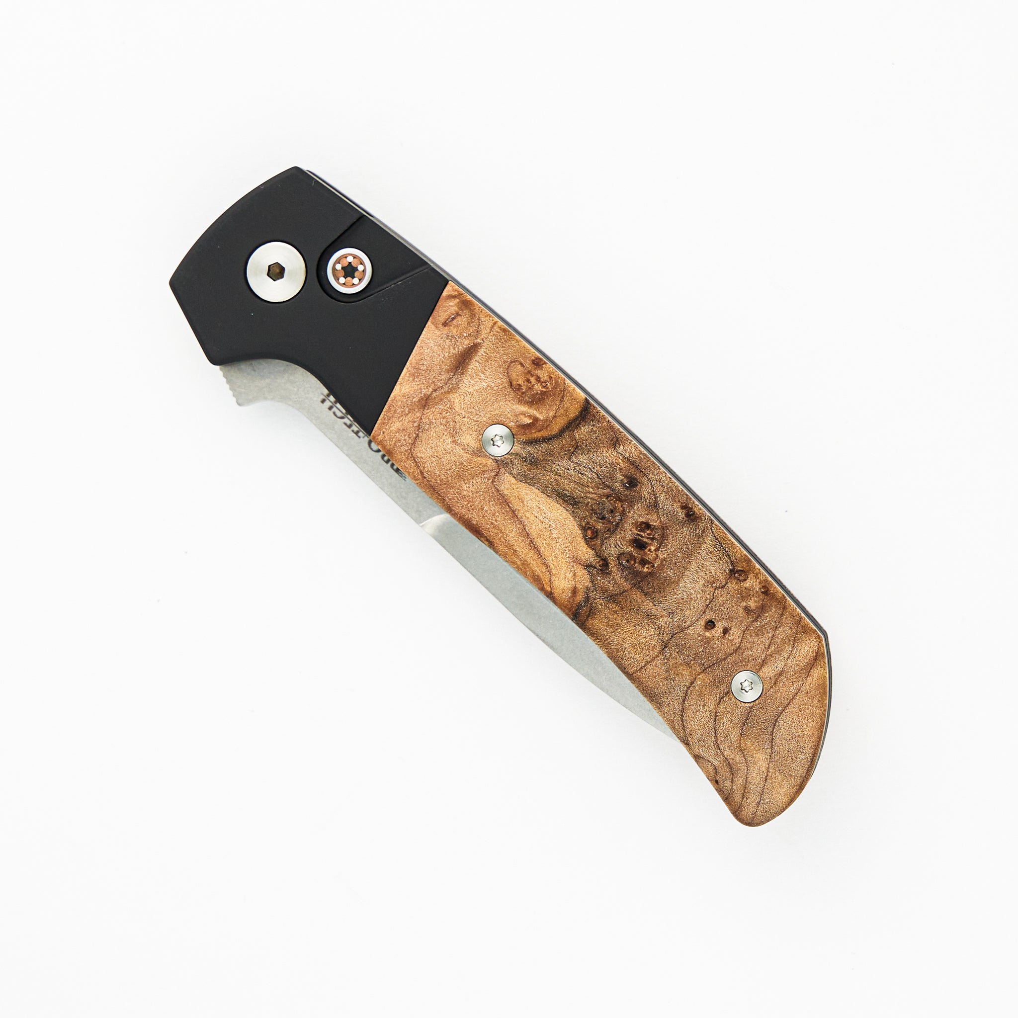 Terzuola ATCF Auto – Black Handle W- Maple Burl Inlays – Mosaic Push Button – Stonewash Magnacut Blade – Ti Clip – BT2706