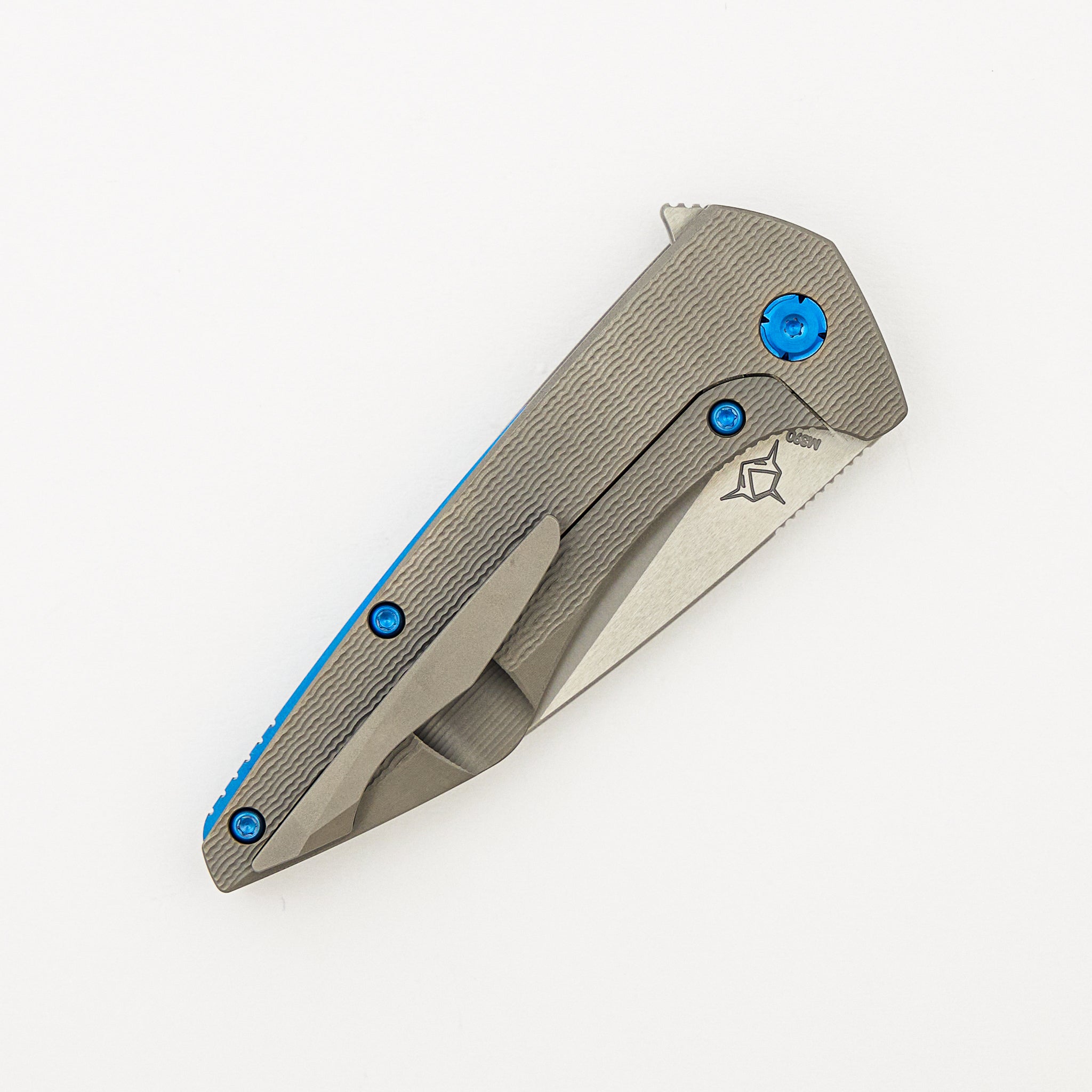 Mini Goblin - PCF Pattern Titanium Handle - Blue Hardware - Burnished w/ Polished Flats M390 Blade