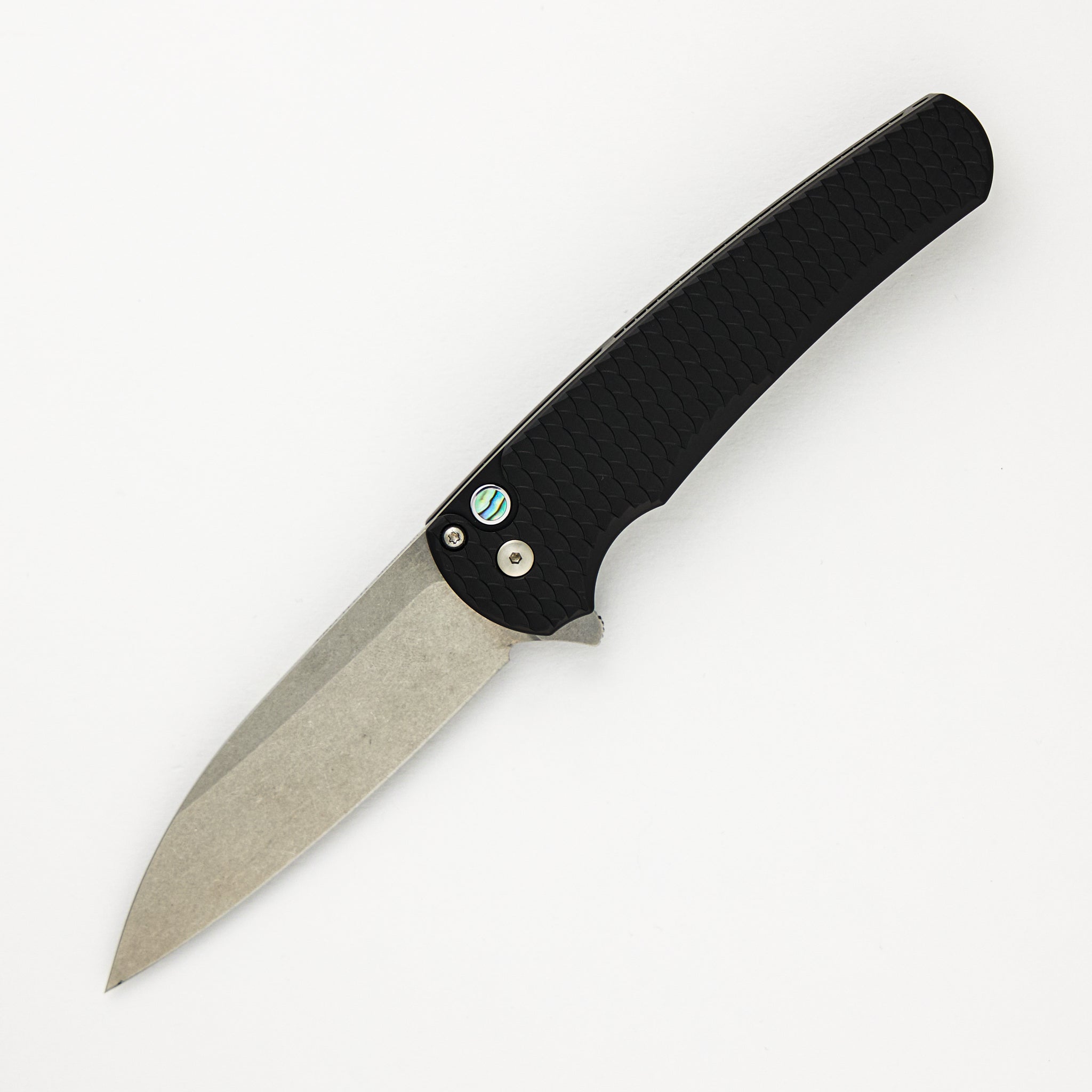 Pro-Tech Knives Malibu CCKS Spring 2024 Ltd. - "Dragon Scale" Textured Handle - Stonewash MagnaCut Wharncliffe Blade - Abalone Button #54 of 100