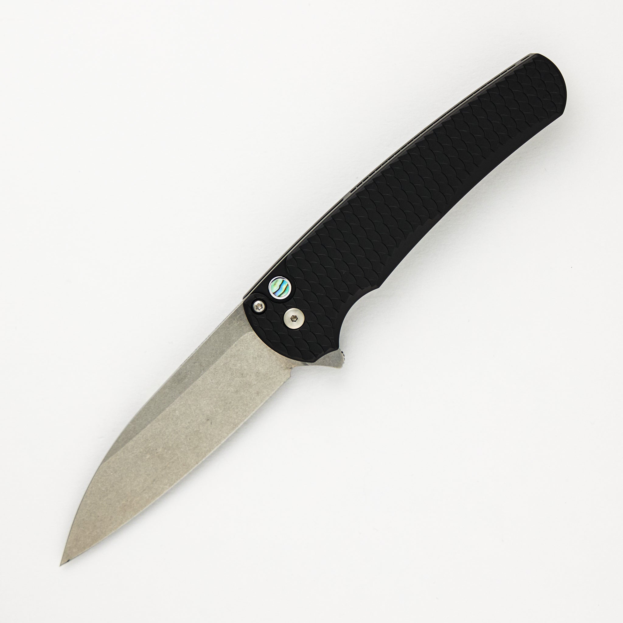 Malibu CCKS Spring 2024 Ltd. - "Dragon Scale" Textured Handle - Stonewash MagnaCut Wharncliffe Blade - Abalone Button #54 of 100