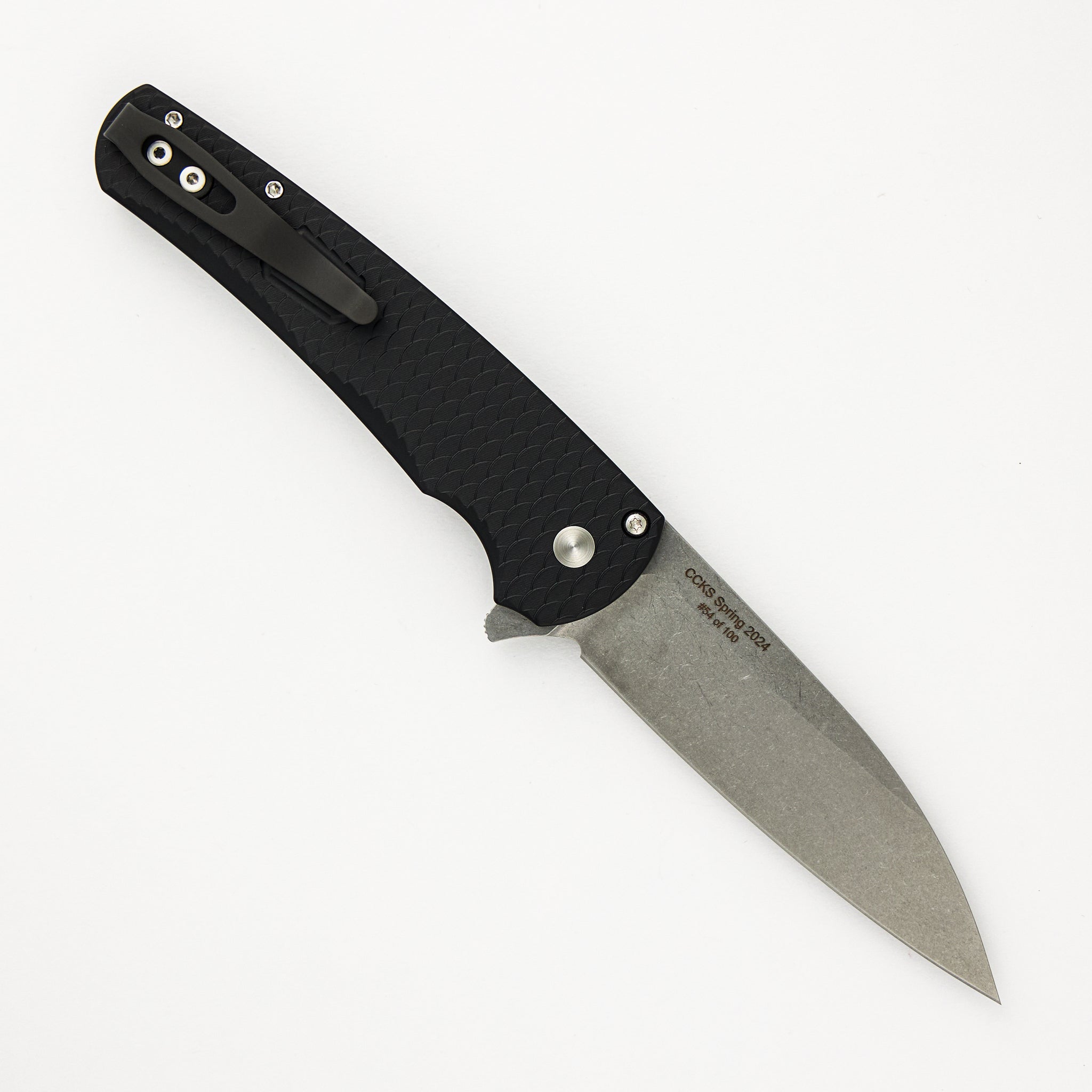 Malibu CCKS Spring 2024 Ltd. - "Dragon Scale" Textured Handle - Stonewash MagnaCut Wharncliffe Blade - Abalone Button #54 of 100