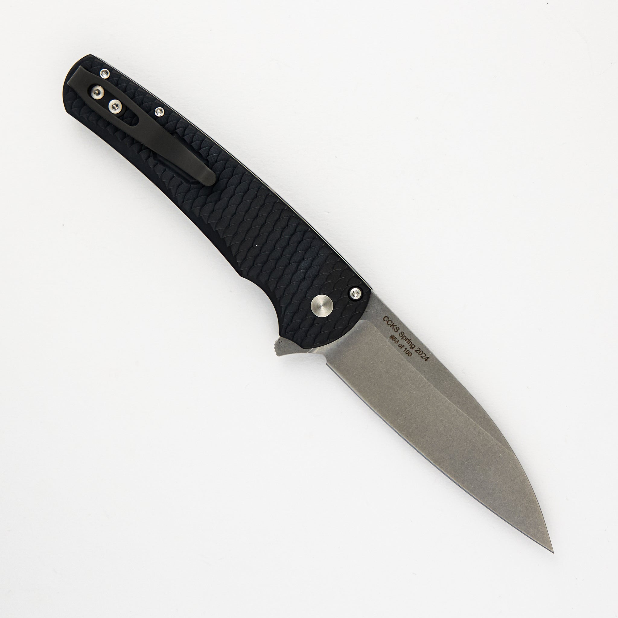 Malibu CCKS Spring 2024 Ltd. - "Dragon Scale" Textured Handle - Stonewash MagnaCut Wharncliffe Blade - Abalone Button #53 of 100