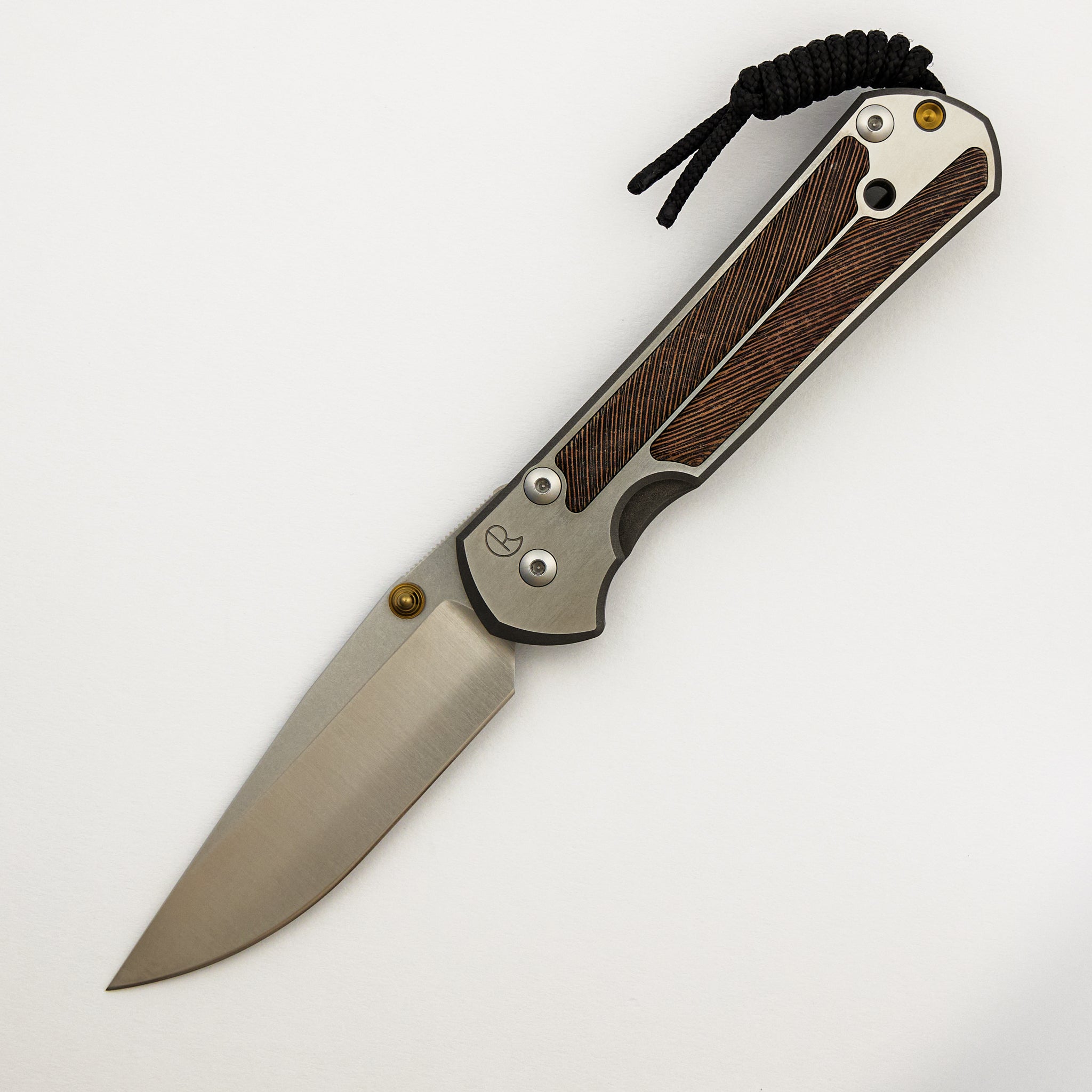 Large Sebenza 21 - Striped Platan Inlay - Polished Drop Point CPM S35VN Blade - Gold Single Lug