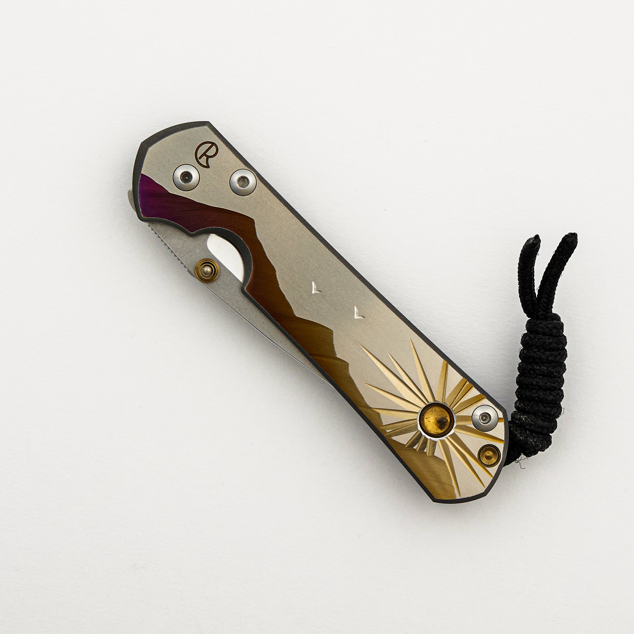 Small Sebenza 31 Unique Graphic "Morning Sun" W/ Citrine - Drop Point CPM MagnaCut Blade - Gold Single Thumb Lug