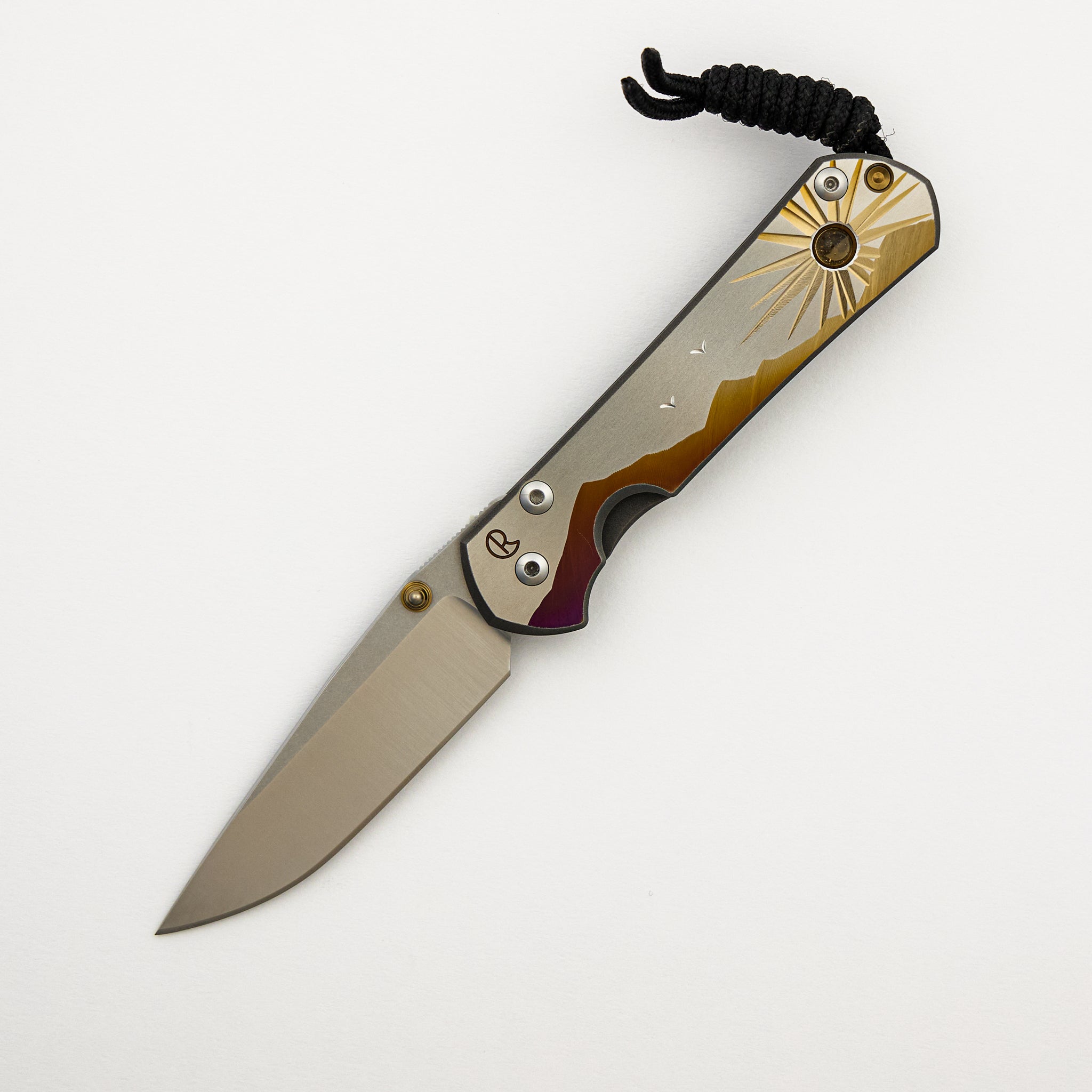 Small Sebenza 31 Unique Graphic "Morning Sun" W/ Citrine - Drop Point CPM MagnaCut Blade - Gold Single Thumb Lug