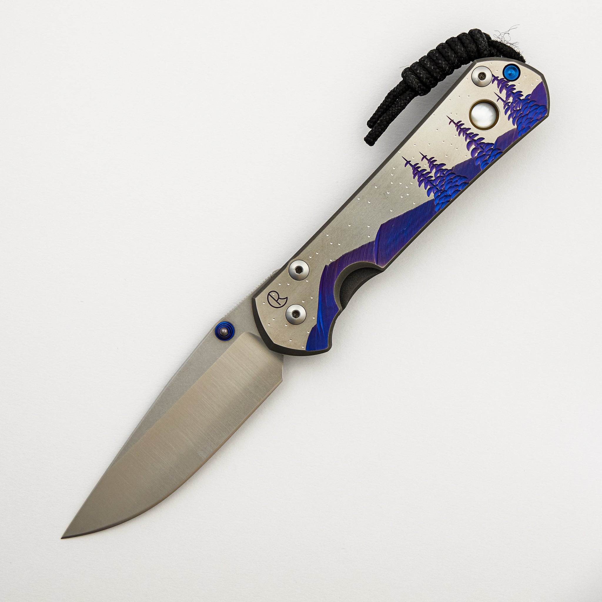 Large Sebenza 31 Unique Graphic - Polished Drop Point CPM S45VN Blade - Blue Single Lug