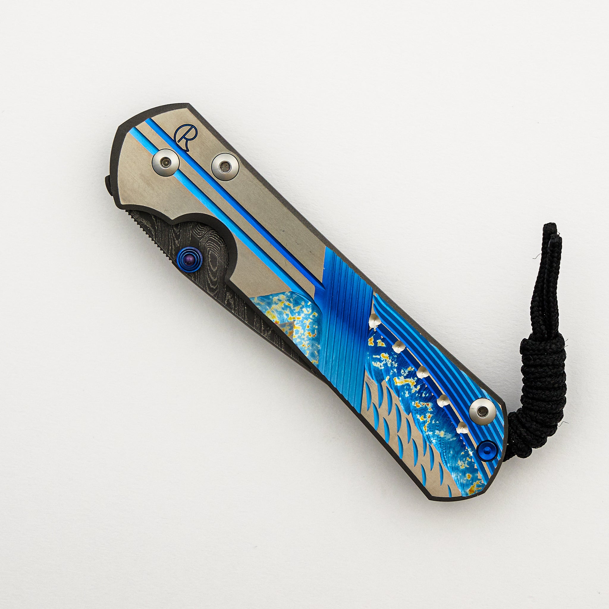 Large Sebenza 31 Unique Graphic - Drop Point Boomerang Blade - Blue Single Thumb Lug