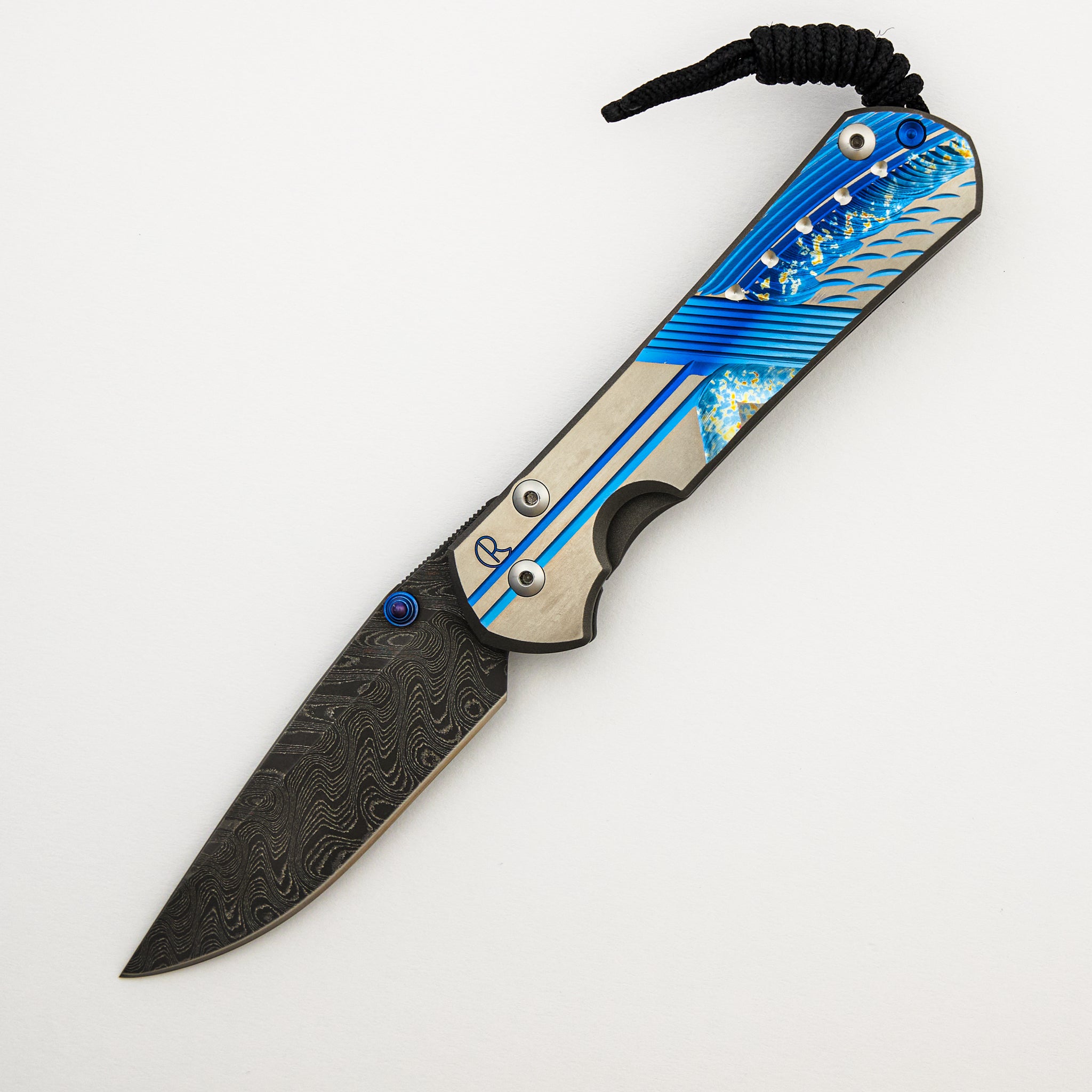 Large Sebenza 31 Unique Graphic - Drop Point Boomerang Blade - Blue Single Thumb Lug