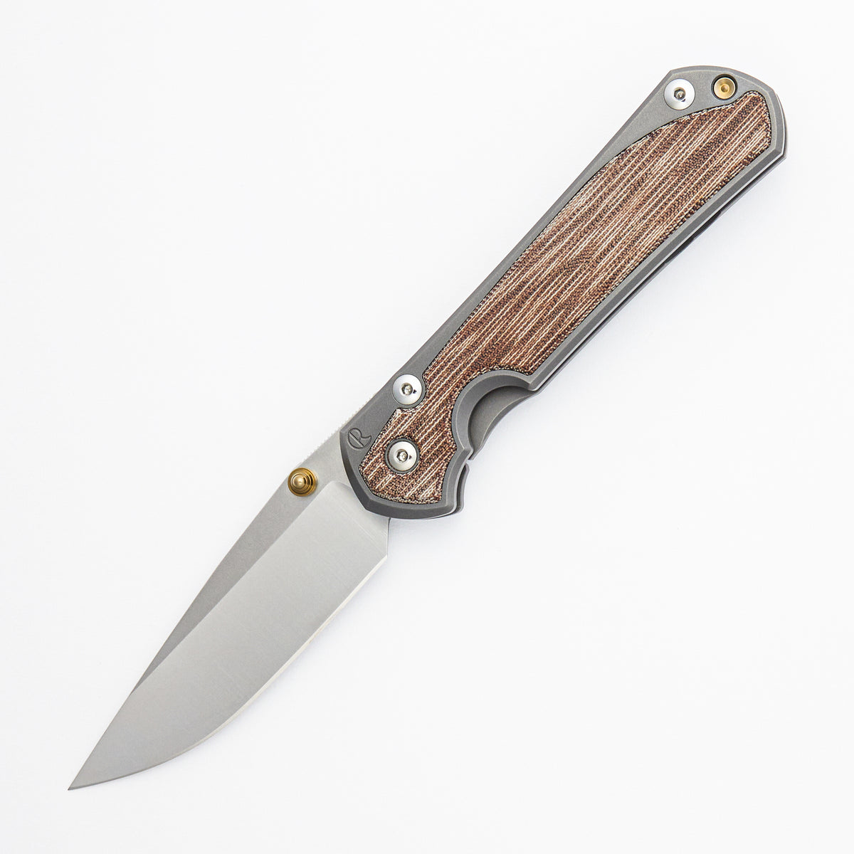 Large Sebenza 31 - Natural Canvas Micarta Inlay - Drop Point Polished CPM MagnaCut Blade - Glass Blasted - Gold Double Thumb Lugs
