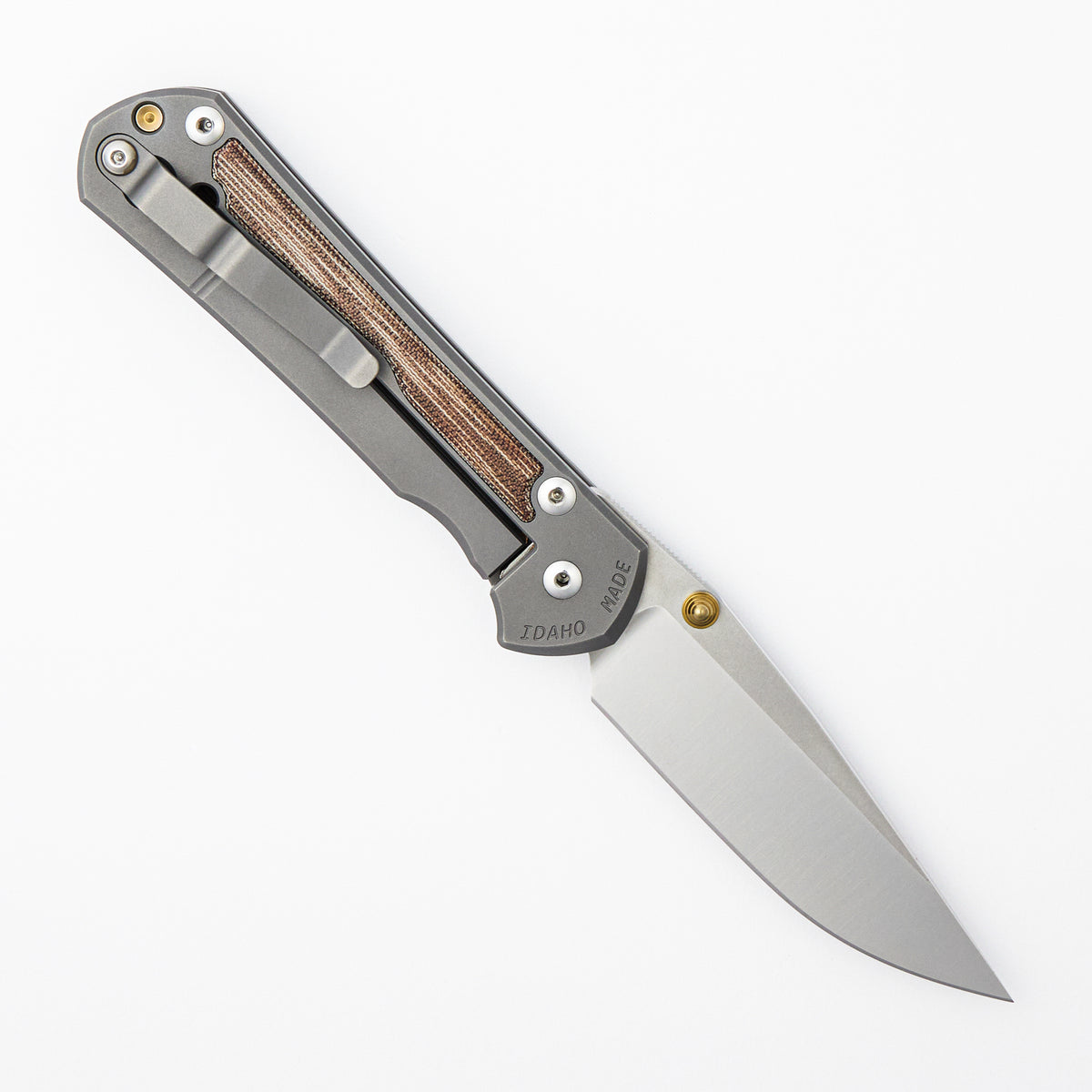 Large Sebenza 31 - Natural Canvas Micarta Inlay - Drop Point Polished CPM MagnaCut Blade - Glass Blasted - Gold Double Thumb Lugs