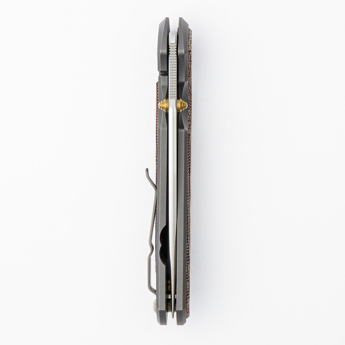 Large Sebenza 31 - Natural Canvas Micarta Inlay - Drop Point Polished CPM MagnaCut Blade - Glass Blasted - Gold Double Thumb Lugs