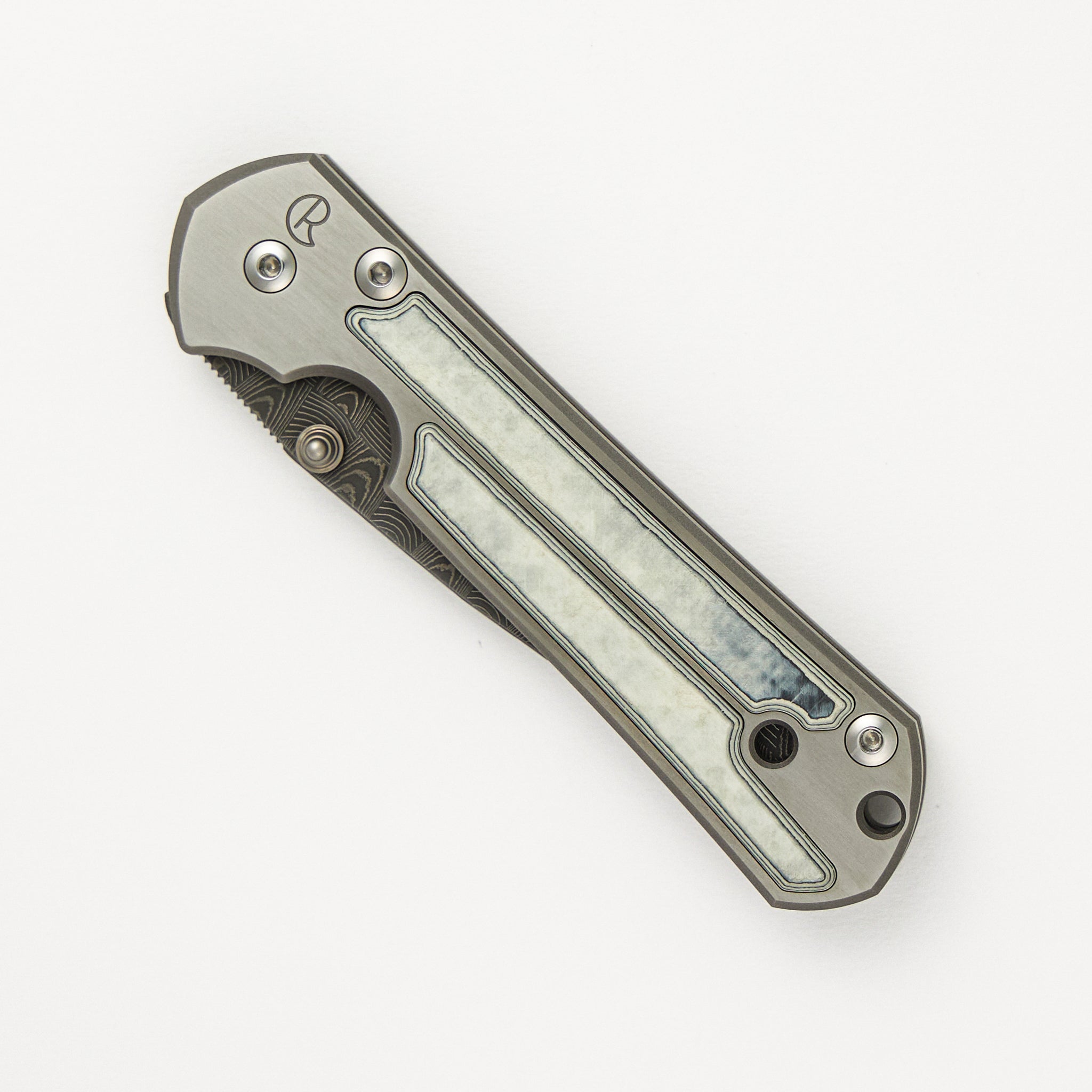 Small Sebenza 21 - Basketweave Blade - Black and White CarboQuartz Handle - Double Thumb Lugs