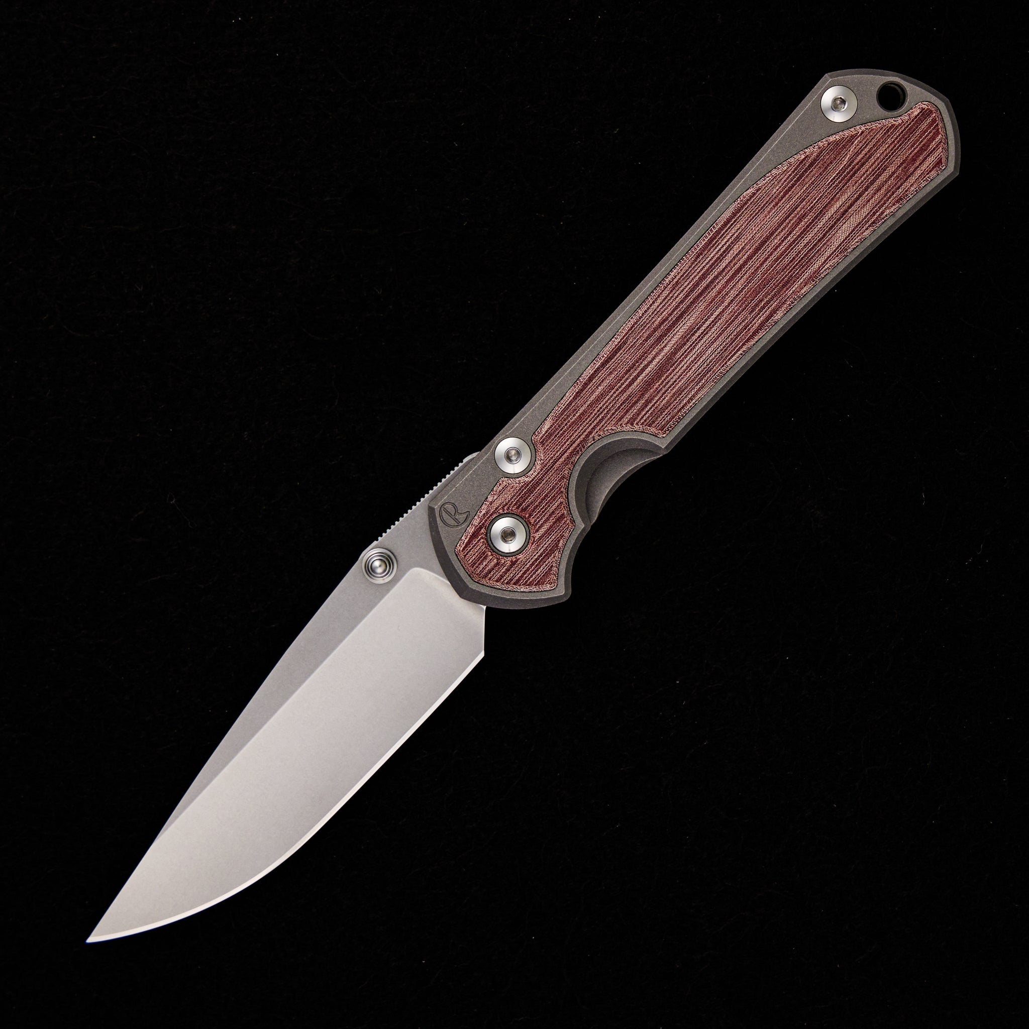 CHRIS REEVE LARGE SEBENZA 31 RED LINEN MICARTA INLAY – DROP POINT BLADE – SILVER SINGLE THUMB LUG
