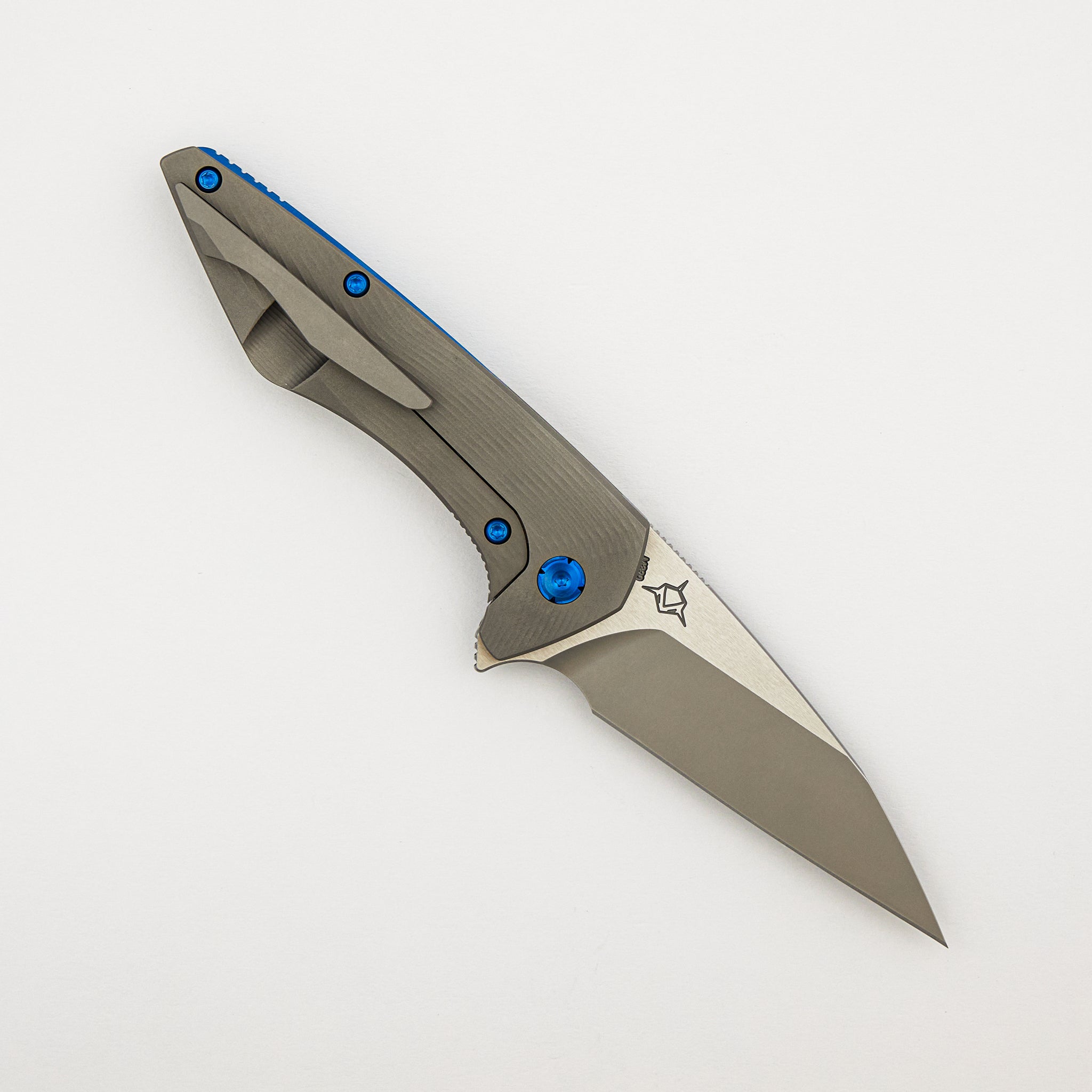 Mini Goblin - Sea Pattern Titanium Handle - Blue Hardware - Brightwashed w/ Polished Flats M390 Blade