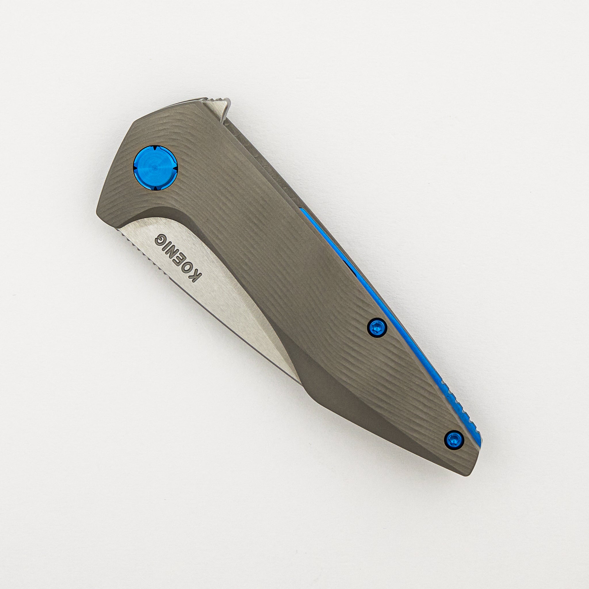 Mini Goblin - Sea Pattern Titanium Handle - Blue Hardware - Brightwashed w/ Polished Flats M390 Blade