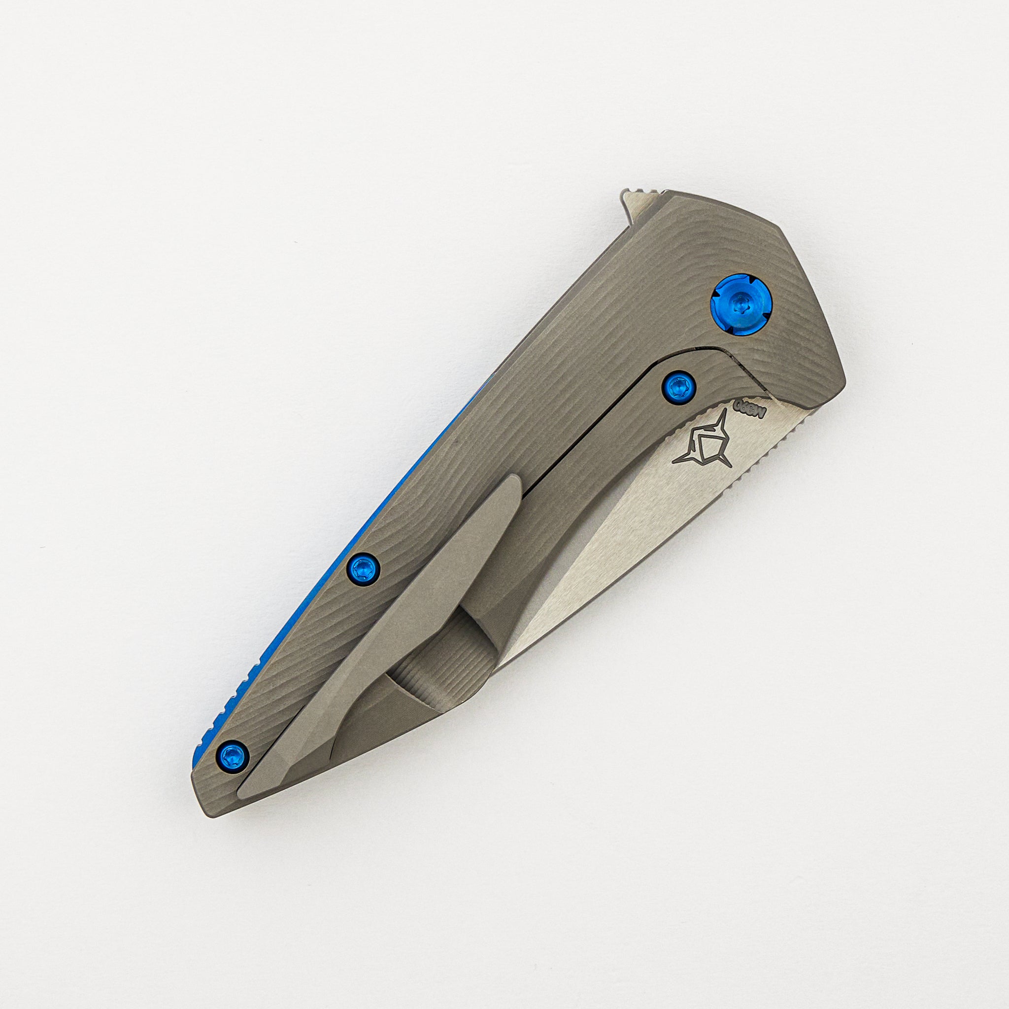 Mini Goblin - Sea Pattern Titanium Handle - Blue Hardware - Brightwashed w/ Polished Flats M390 Blade