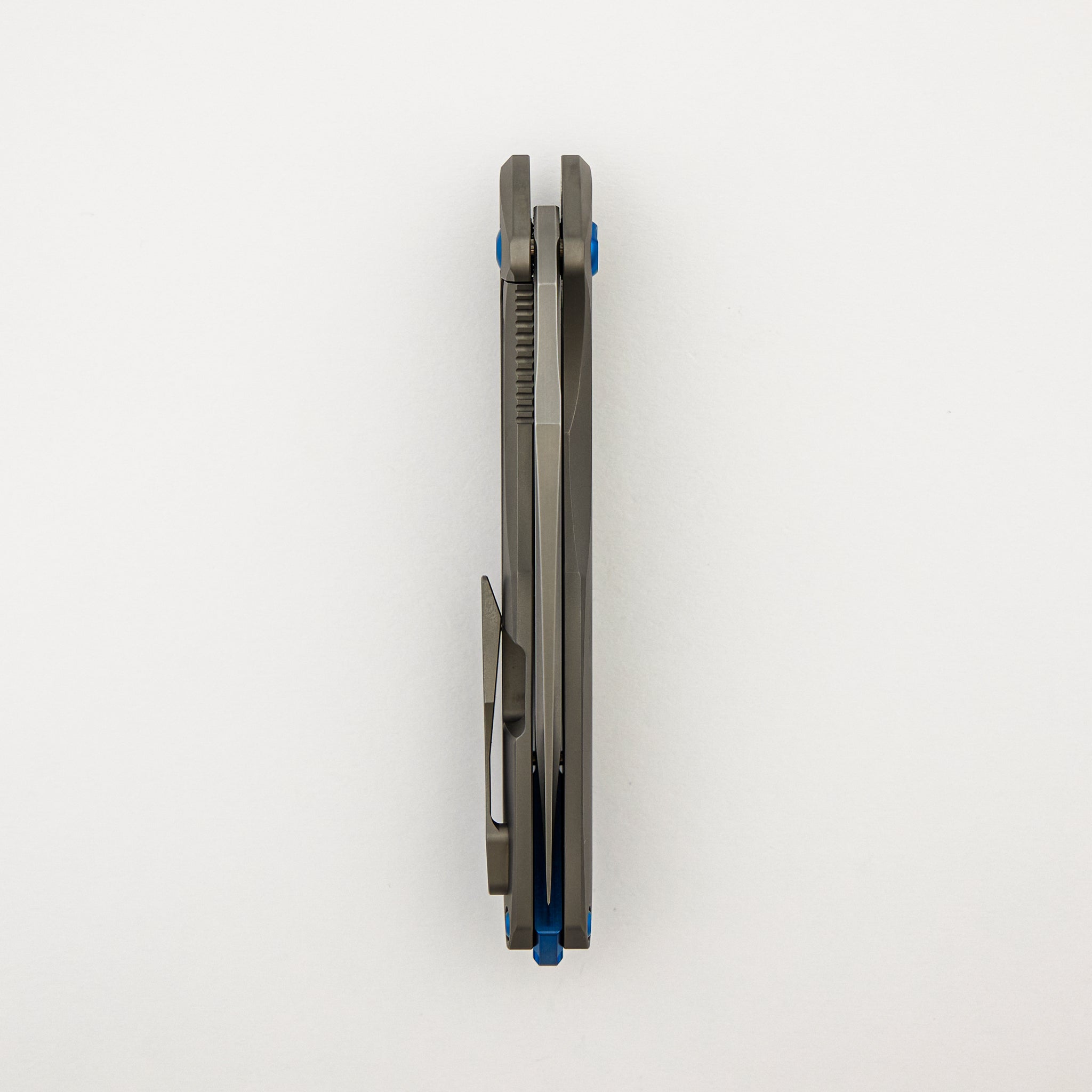 Arius - Pinstripe Titanium Handle - Blue Hardware - Burnished W/ Polished Flats M390 Blade