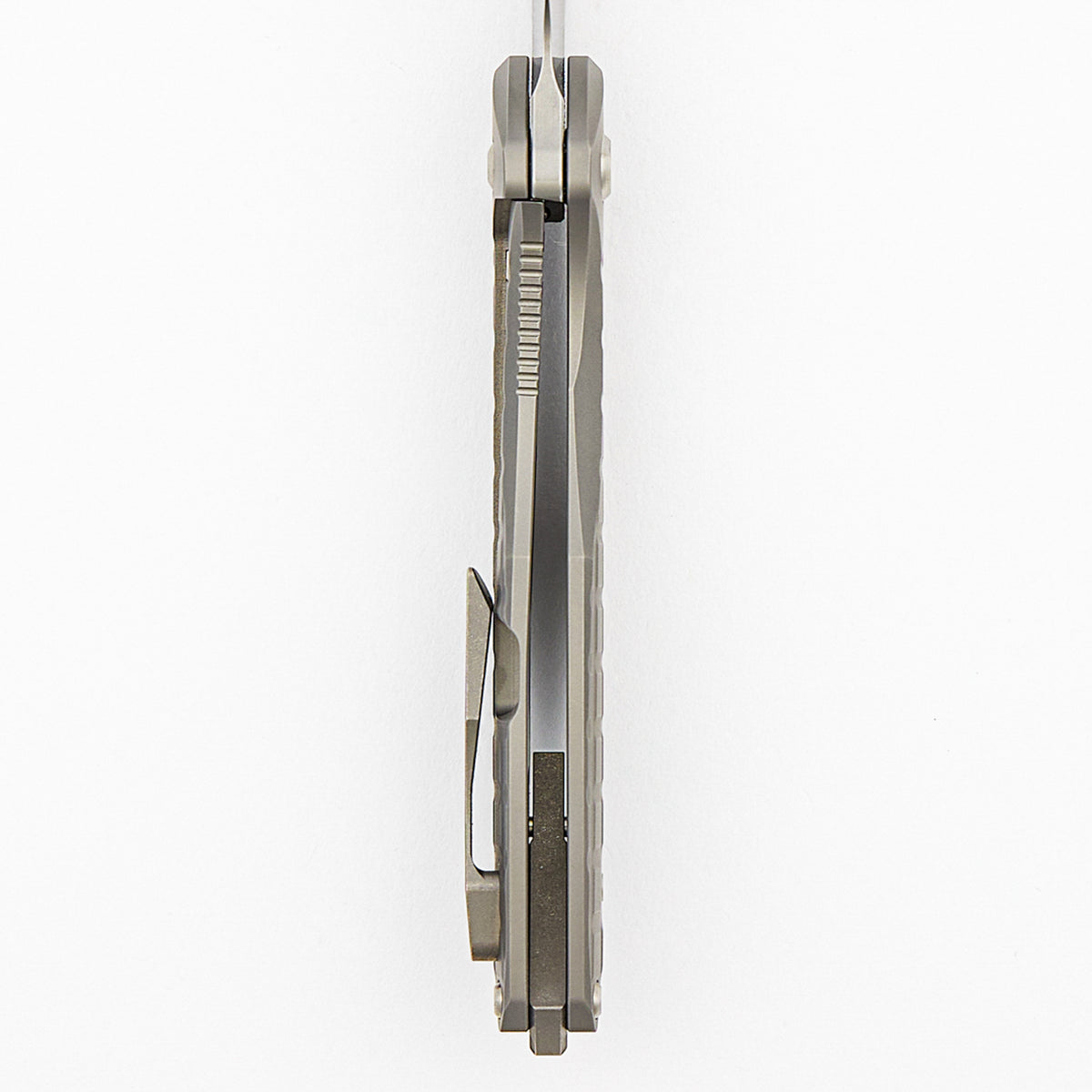 Mini Arius - Non Flipper - Frag Patterned Titanium Handle - Silver Hardware - Burnished W/ Polished Flats M390 Blade
