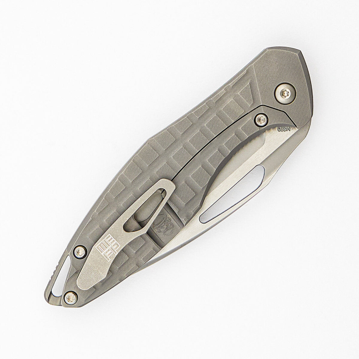 Mini Arius - Non Flipper - Frag Patterned Titanium Handle - Silver Hardware - Burnished W/ Polished Flats M390 Blade