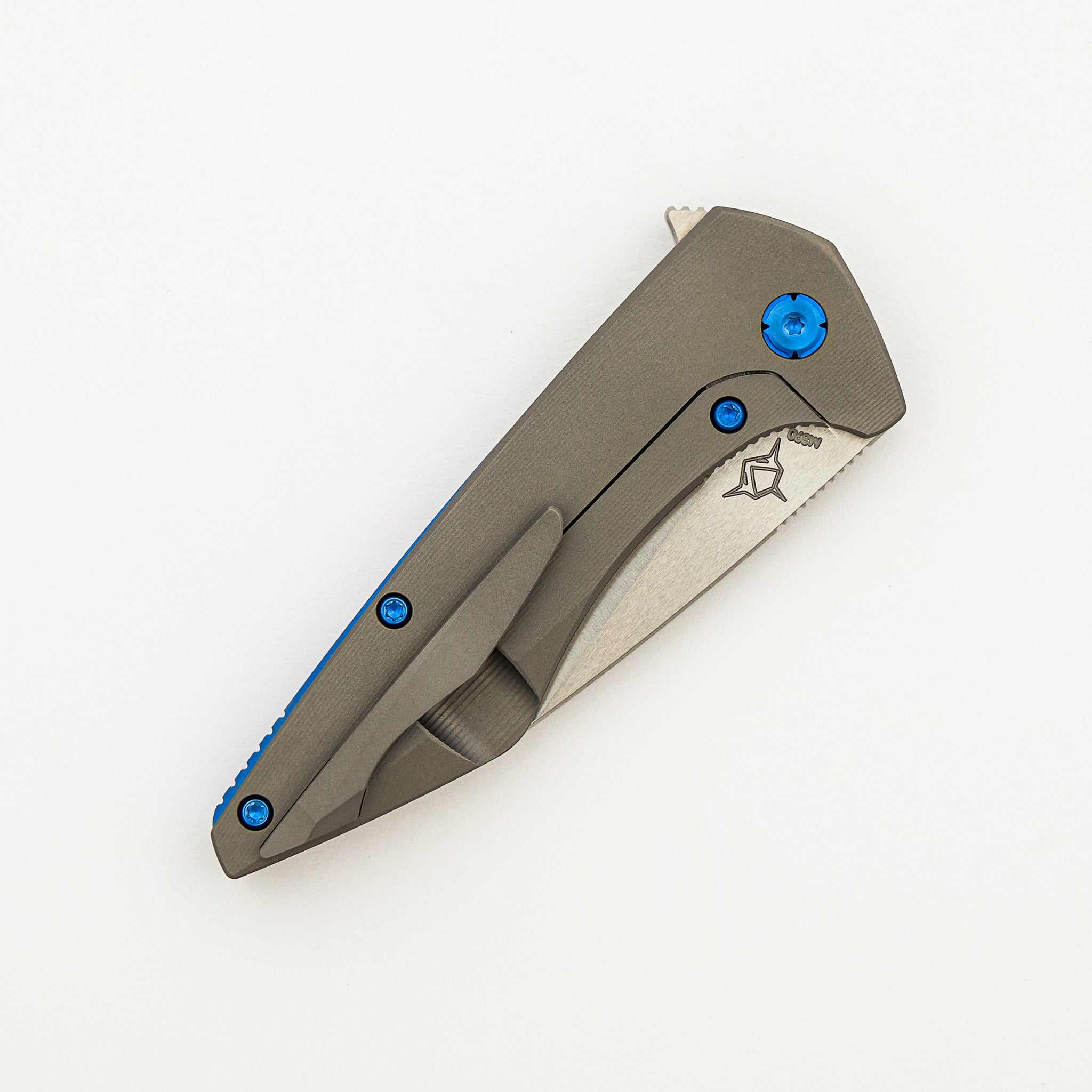 Mini Goblin - Smooth Titanium Handle - Blue Hardware - Brightwashed W/ Polished Flats M390 Blade