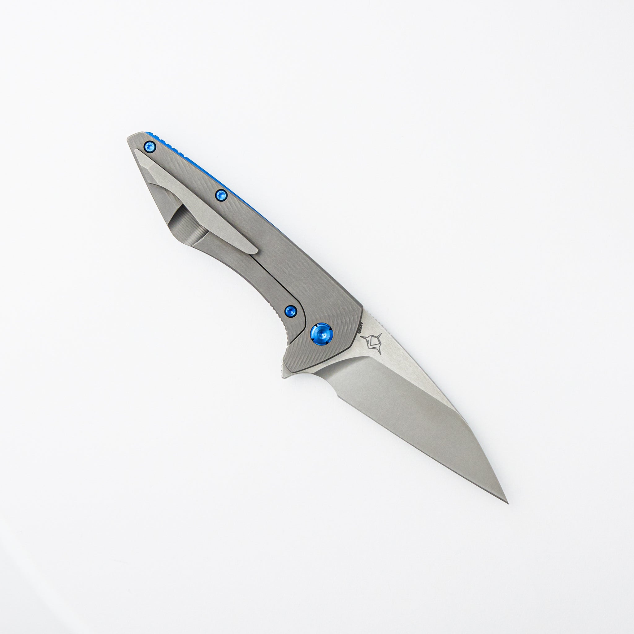 Mini Goblin - Sea Pattern Titanium Handle - Blue Hardware - Burnished W/ Polished Flats M390 Blade