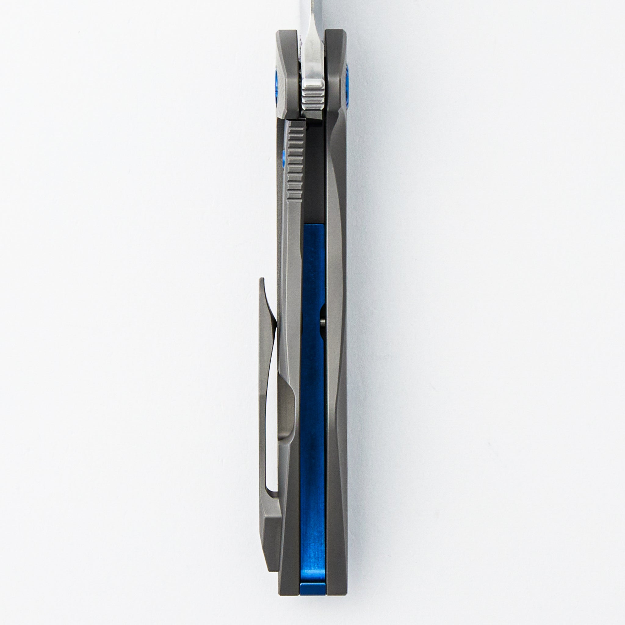 Mini Goblin - Sea Pattern Titanium Handle - Blue Hardware - Burnished W/ Polished Flats M390 Blade