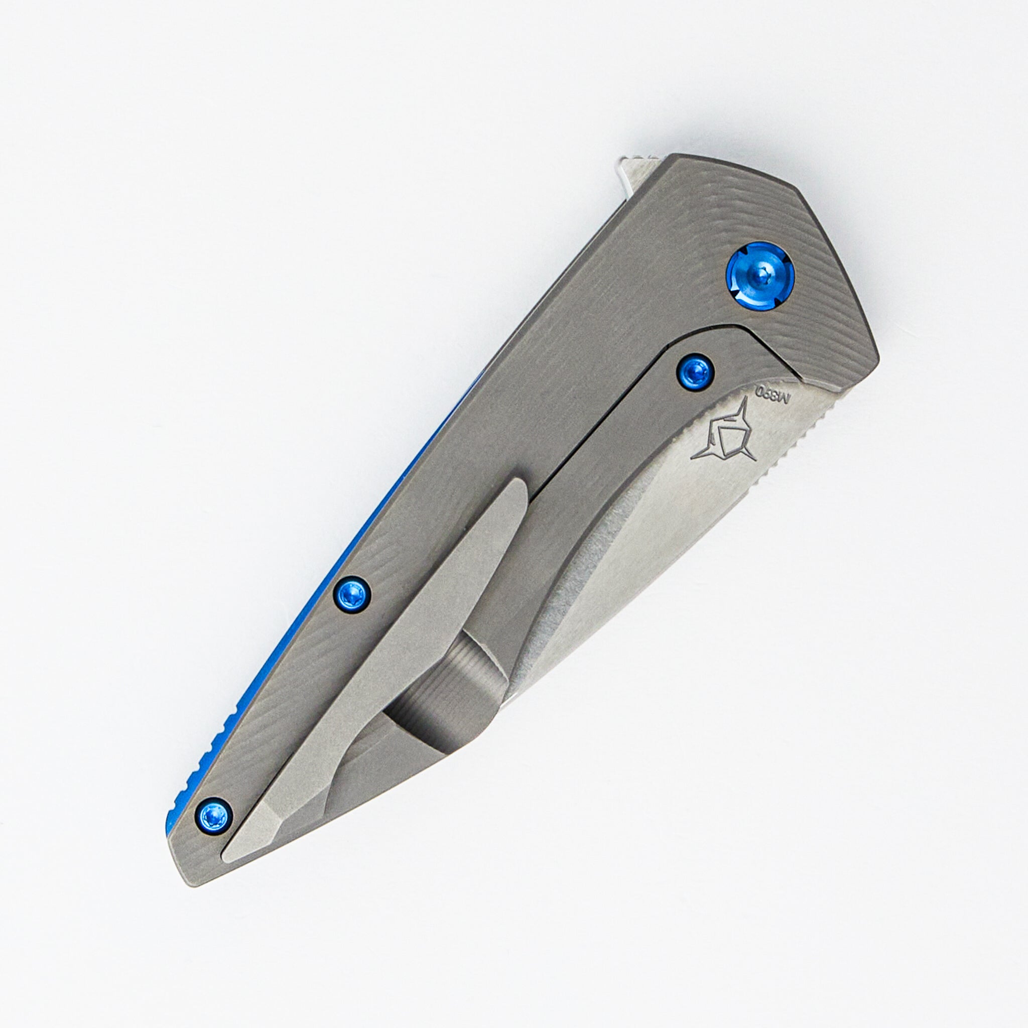 Mini Goblin - Sea Pattern Titanium Handle - Blue Hardware - Burnished W/ Polished Flats M390 Blade