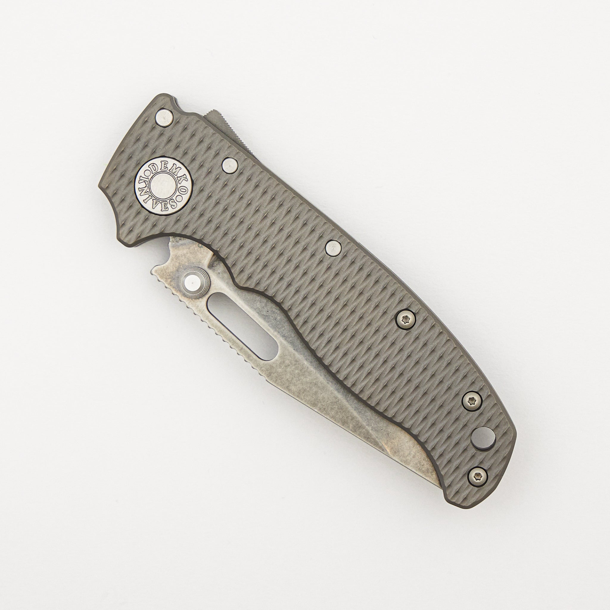 AD20.5 20CV Textured Titanium Handle Clip Point Stonewash Blade