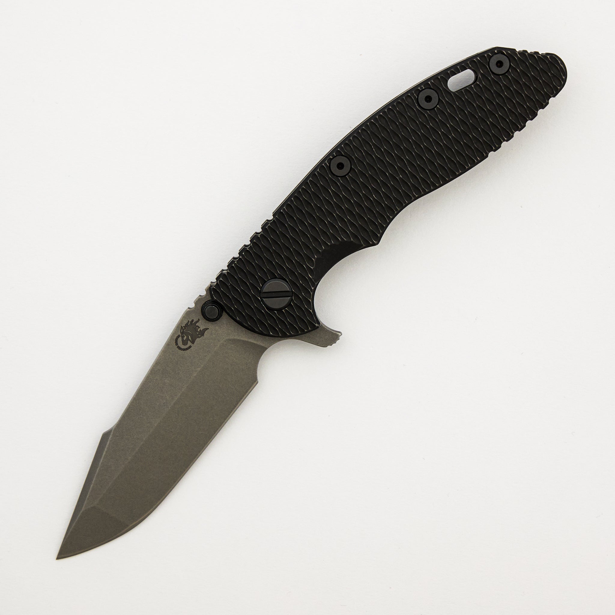 XM-18 3.5" - MagnaCut Harpoon Spanto - Tri-Way - Battle Black - Working Finish - Textured Lockside - Lasered Horsehead - Ti Scale - Black Hardware - Ti Backspacer - 2025 Filler Tab