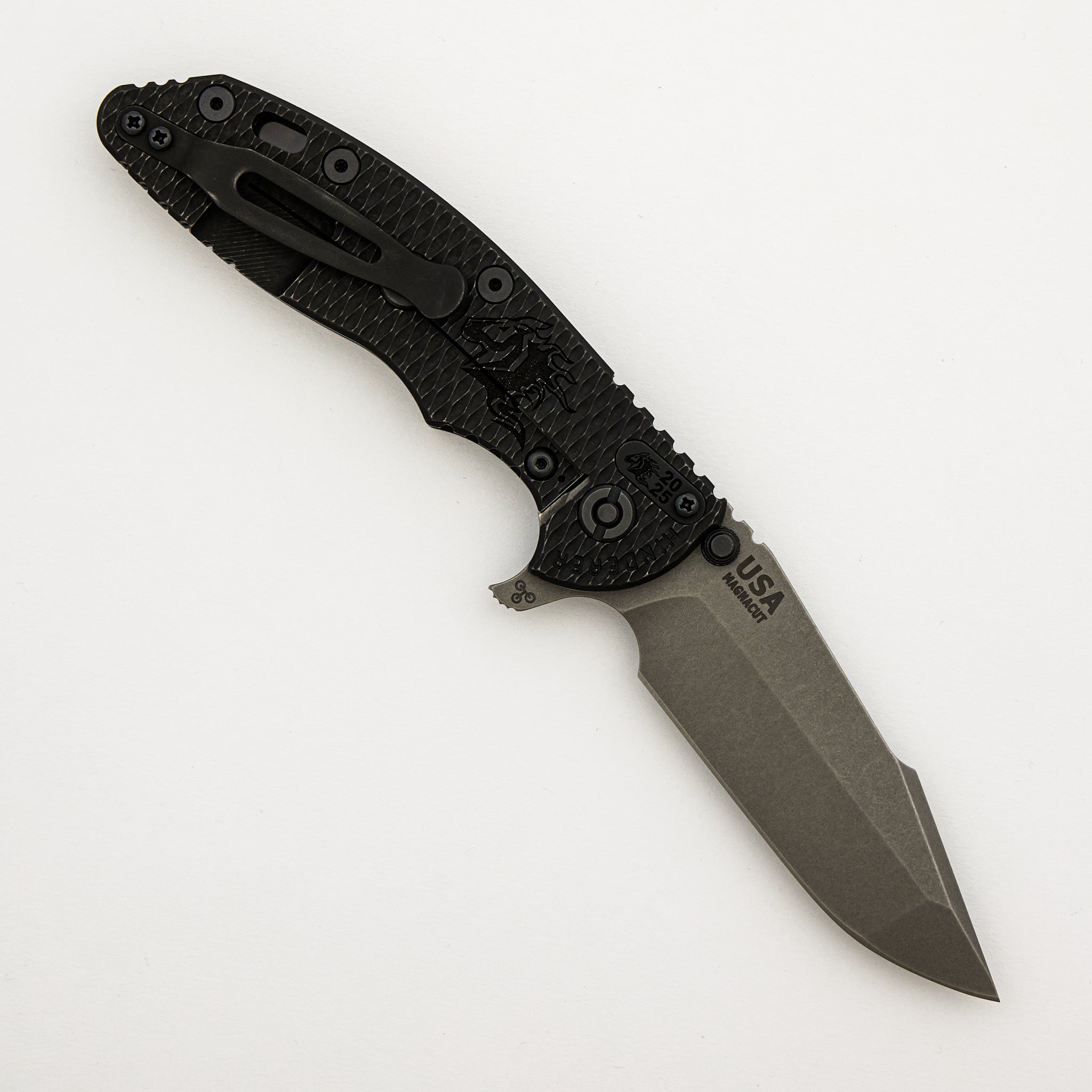 XM-18 3.5" - MagnaCut Harpoon Spanto - Tri-Way - Battle Black - Working Finish - Textured Lockside - Lasered Horsehead - Ti Scale - Black Hardware - Ti Backspacer - 2025 Filler Tab
