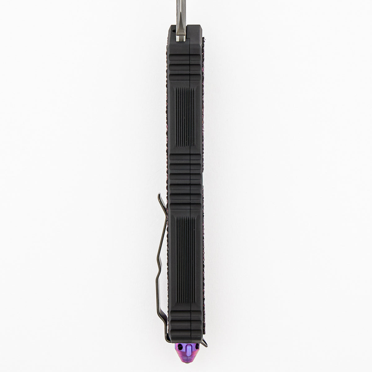 Marfione Custom Knives Scarab II Gen III D/E - Prototype Baker Forge Stainless - Hefted Black Anodized Alloy W/ Purple Singray Inlay