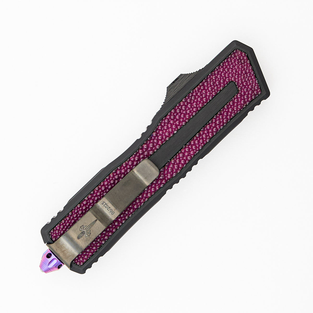 Marfione Custom Knives Scarab II Gen III D/E - Prototype Baker Forge Stainless - Hefted Black Anodized Alloy W/ Purple Singray Inlay