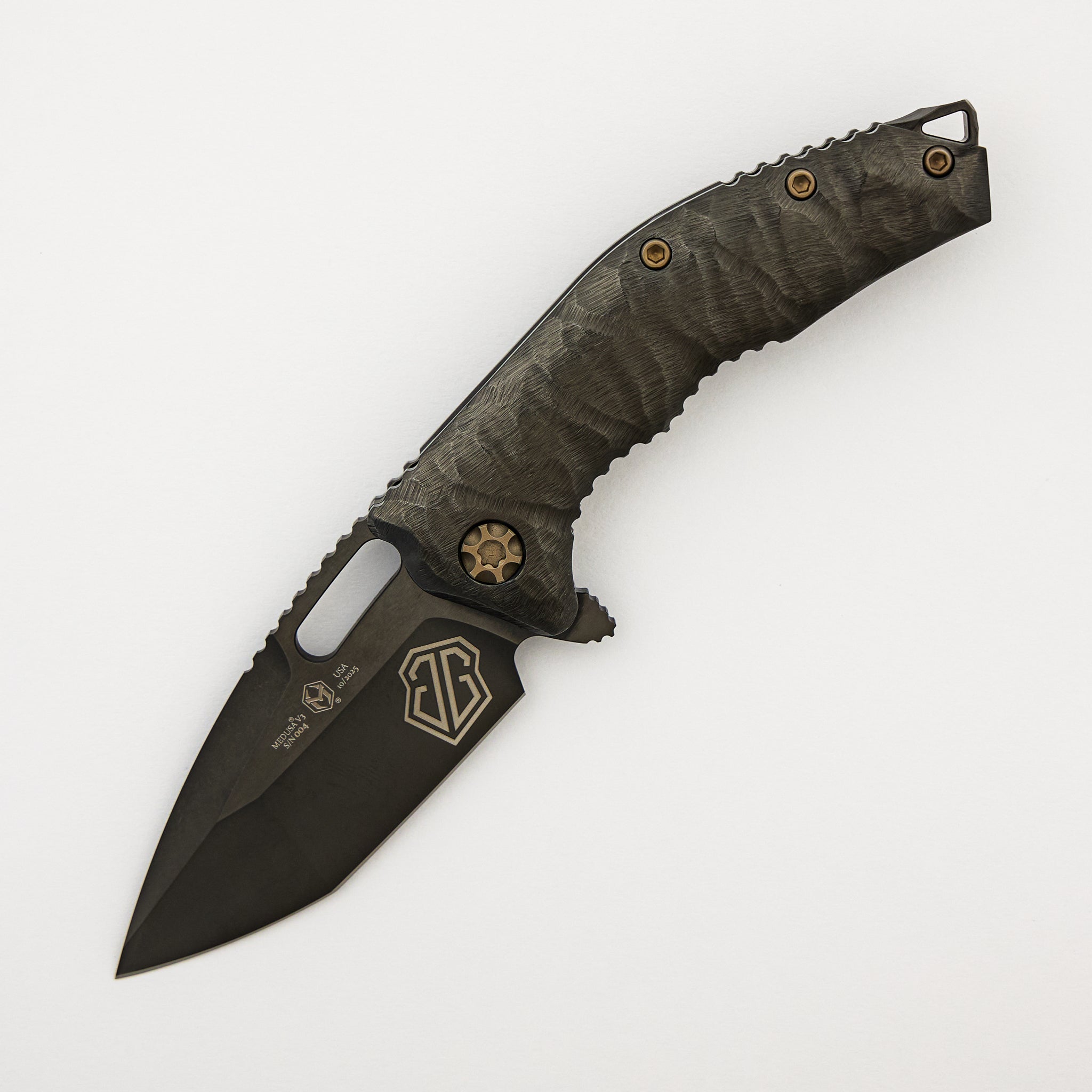 John Gray Collaboration Medusa Manual - Tanto DLC Blade - Rockec DLC Chassis - Bronze Hardware - S/N 004