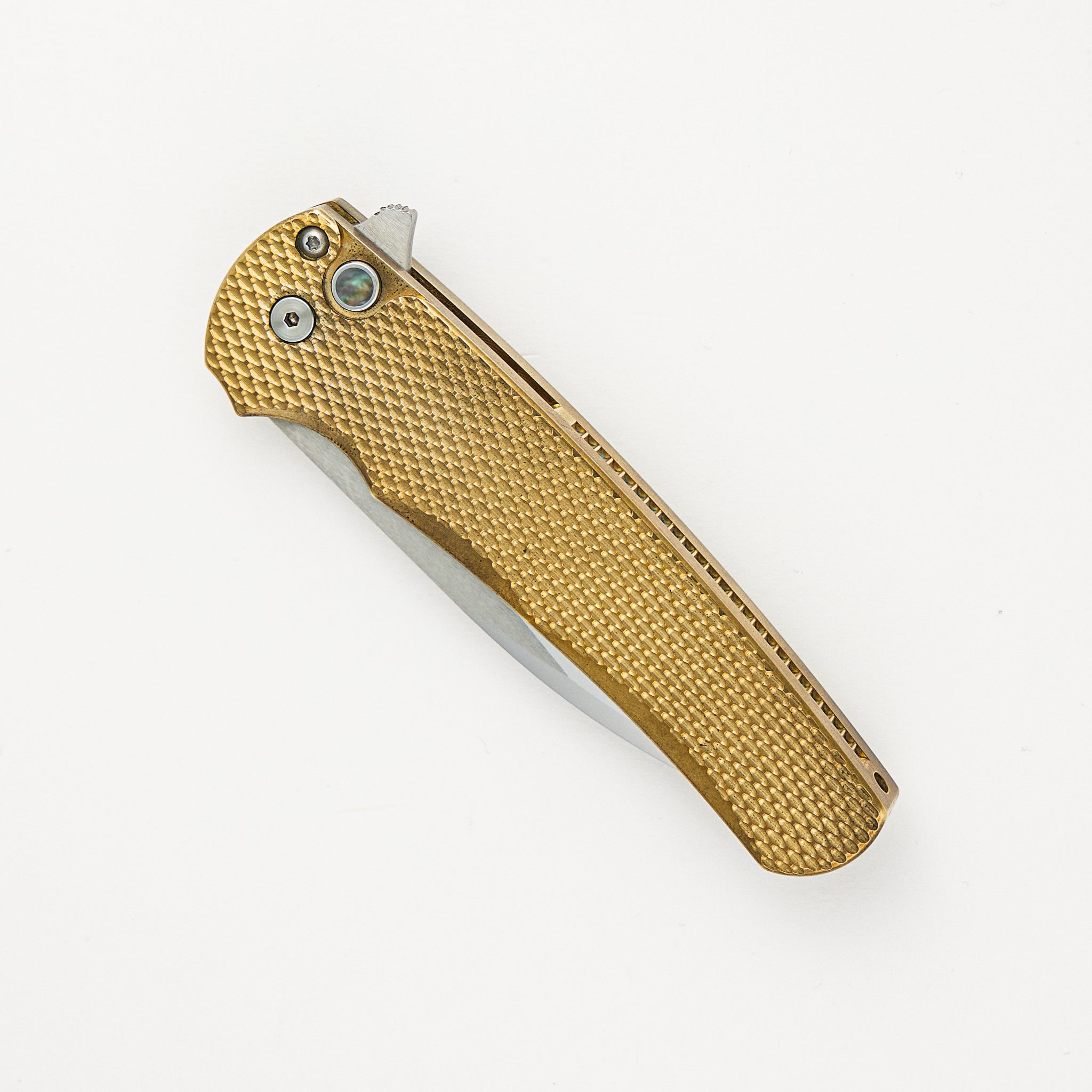 Malibu Flipper Ltd. - Textured Bronze AL Handle - Pearl Button - Mike Irie Wharncliffe Blade