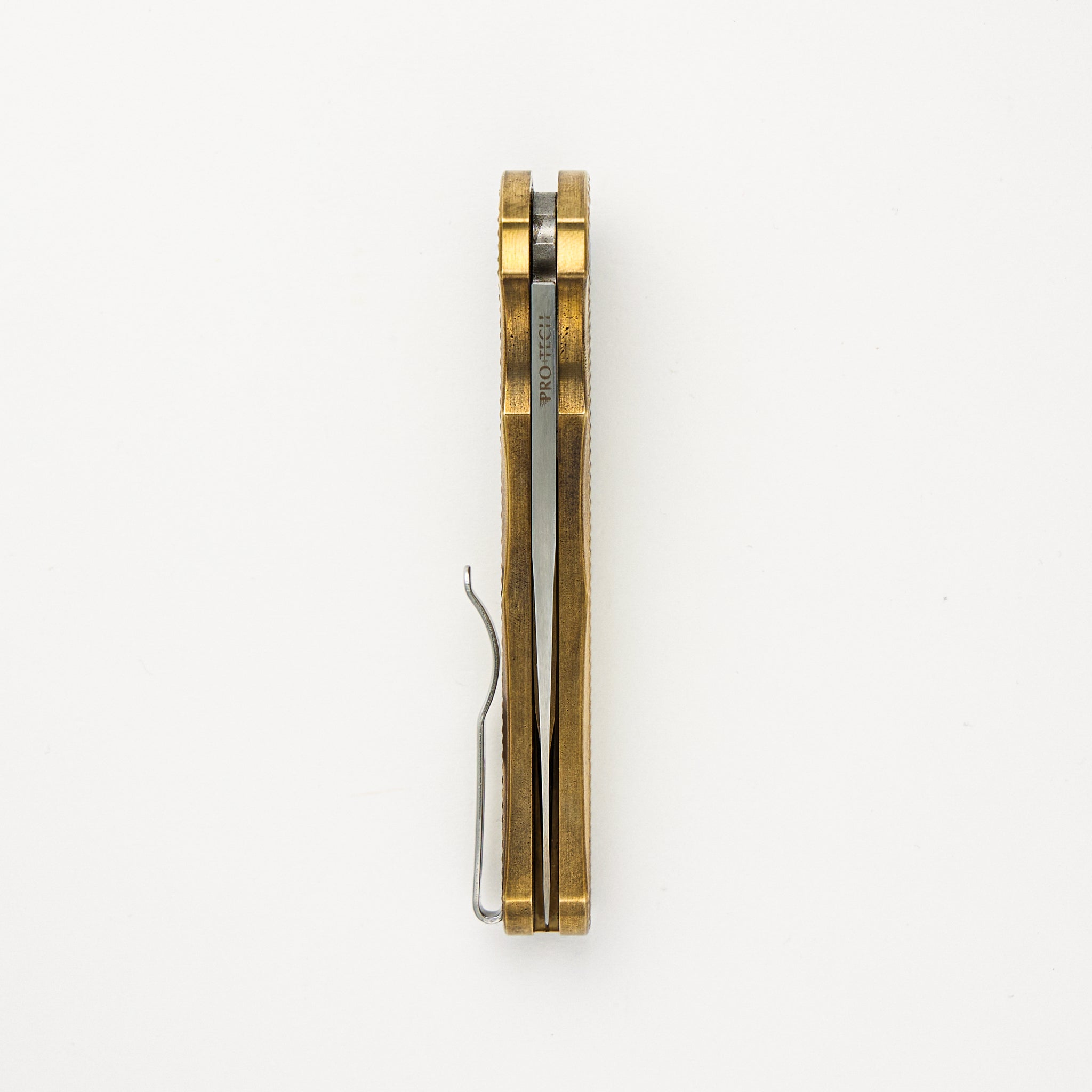 Malibu Flipper Ltd. - Textured Bronze AL Handle - Pearl Button - Mike Irie Wharncliffe Blade