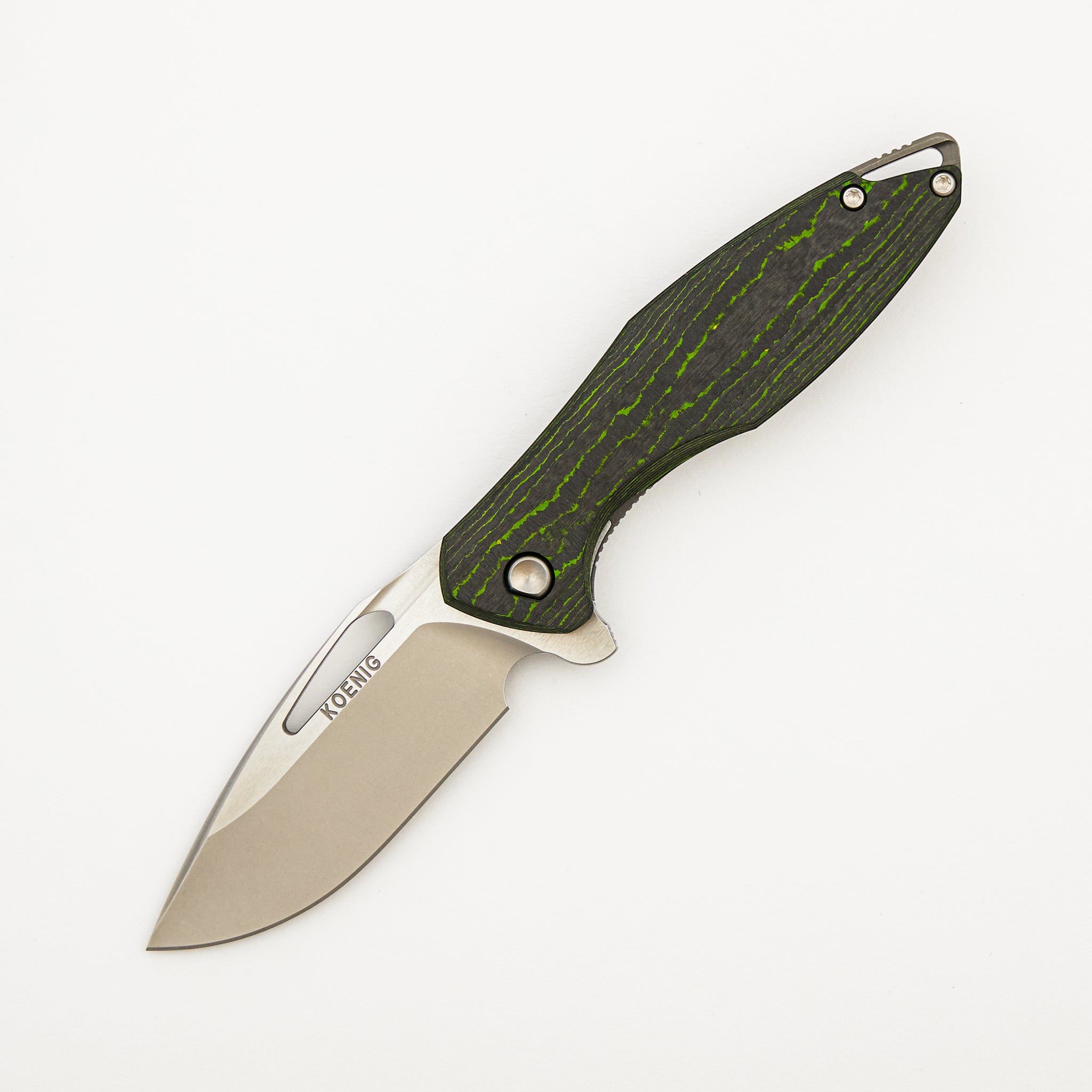 Mini Arius - Brightwashed W/ Polished Flats M390 Blade - Green Camo Carbon Handle