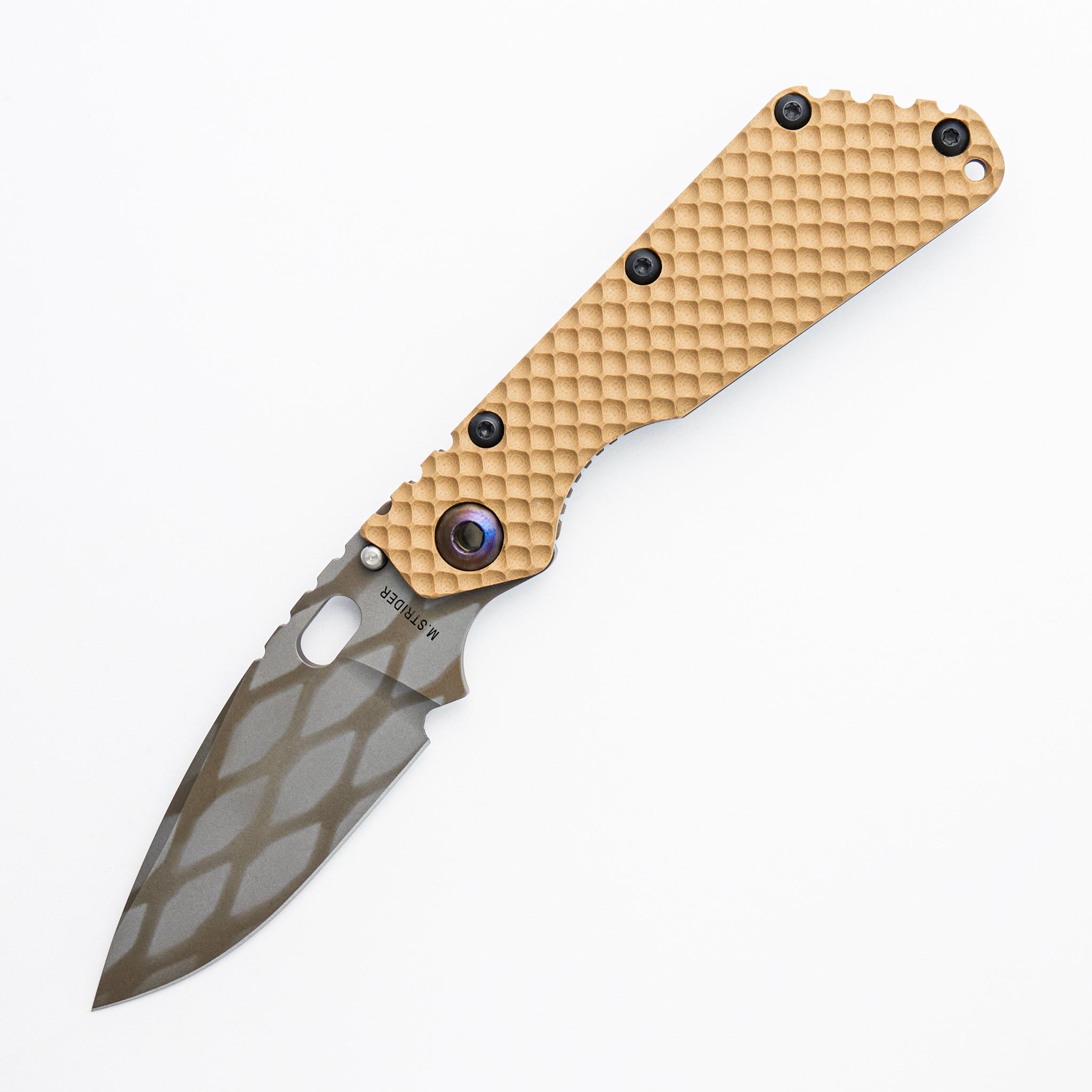 SMF DGG - Tan/Titanium Handle - Drop Point Diamond Grind Pattern MagnaCut Blade
