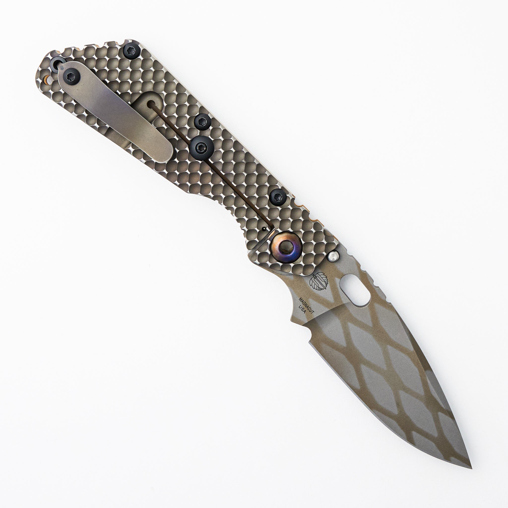 SMF DGG - Tan/Titanium Handle - Drop Point Diamond Grind Pattern MagnaCut Blade