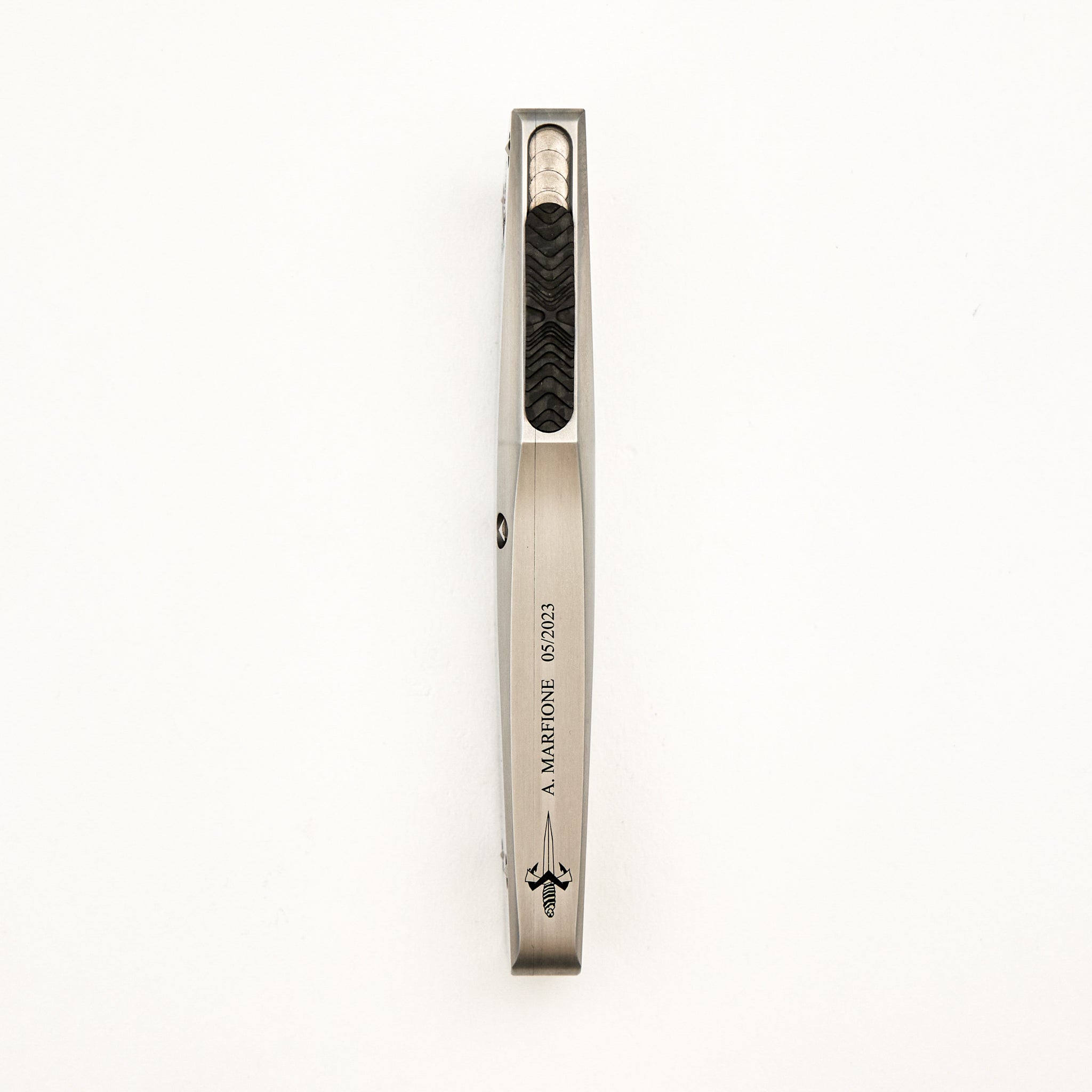 Marfione Custom Knives Combat Troodon - D/E Mirror Polish - Satin Finish Stainless Steel Handle W/ Carbon Fiber Button