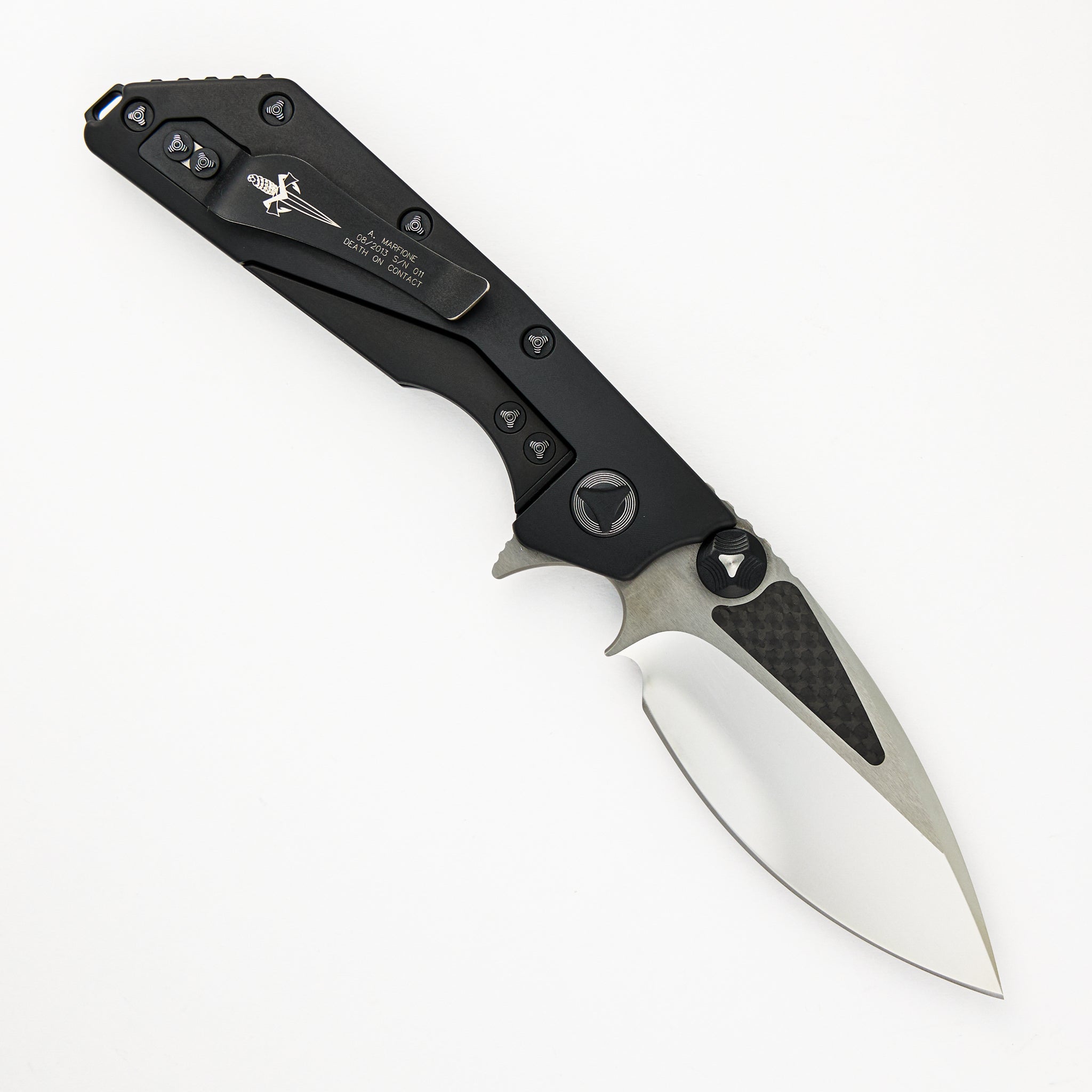 Marfione Custom Knives D.O.C. Manual - Hand Ground High Polish - 30K Layered CF Inlays S/N 011
