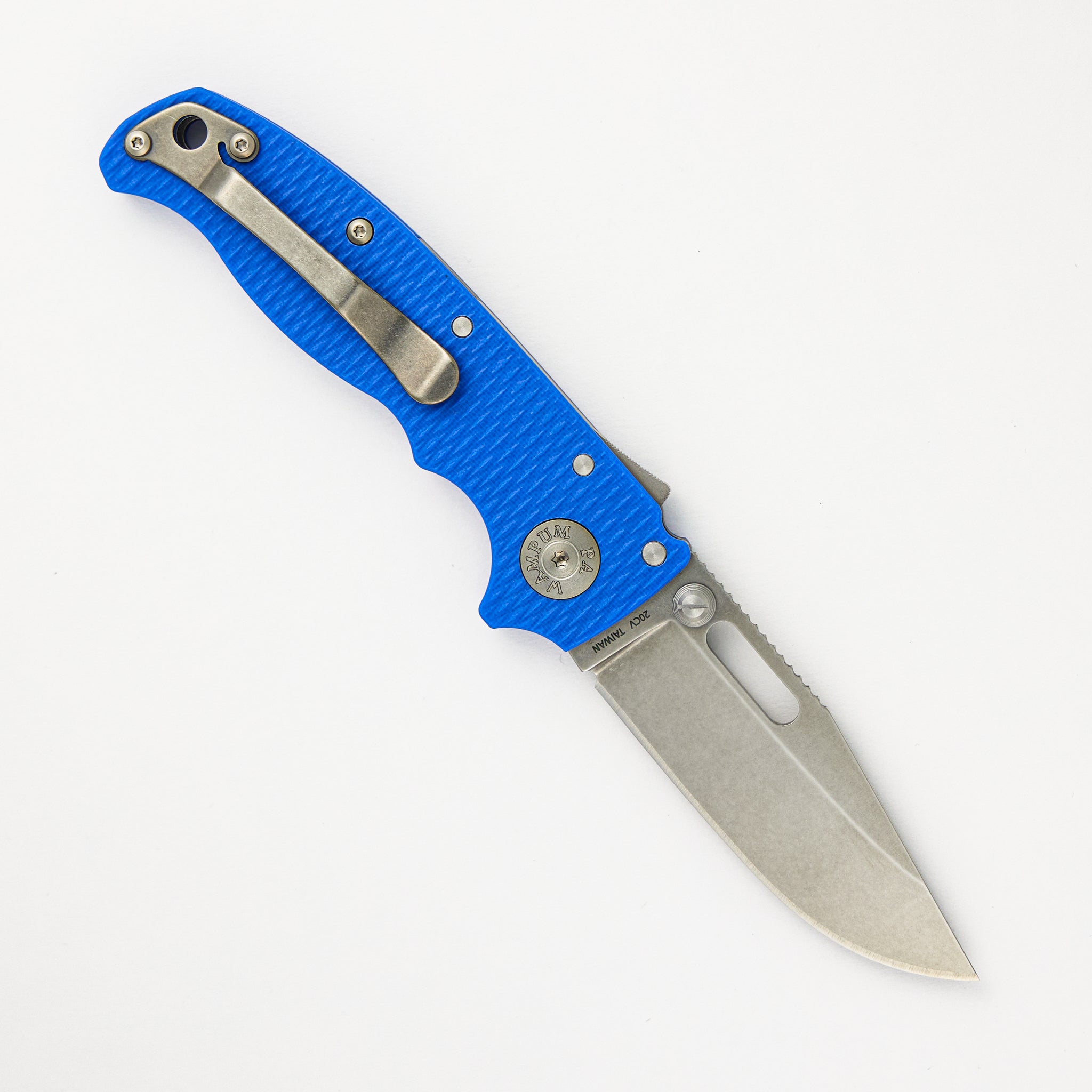 AD20.5 20CV Blue G10 Handle Clip Point Stonewash Blade