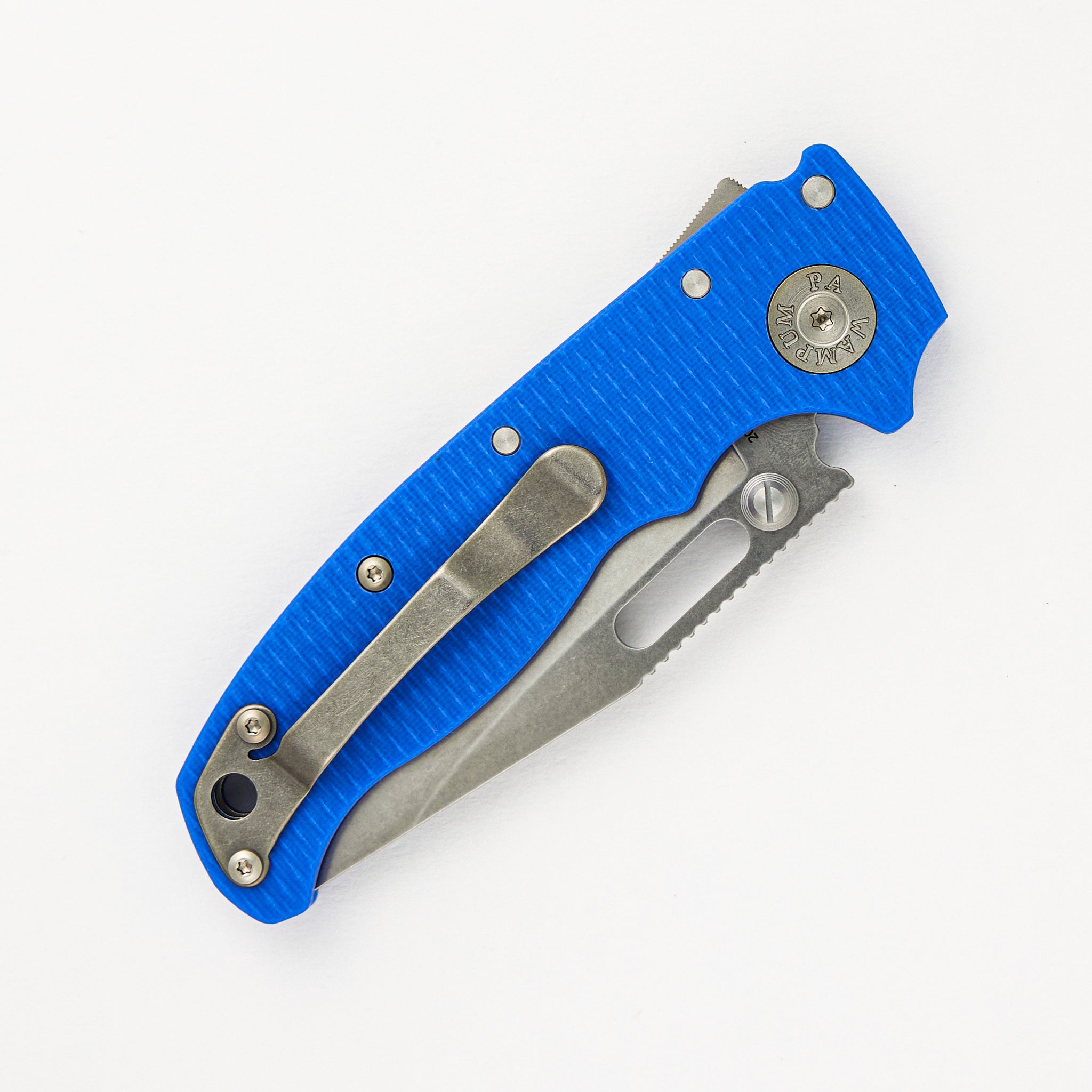 AD20.5 20CV Blue G10 Handle Clip Point Stonewash Blade