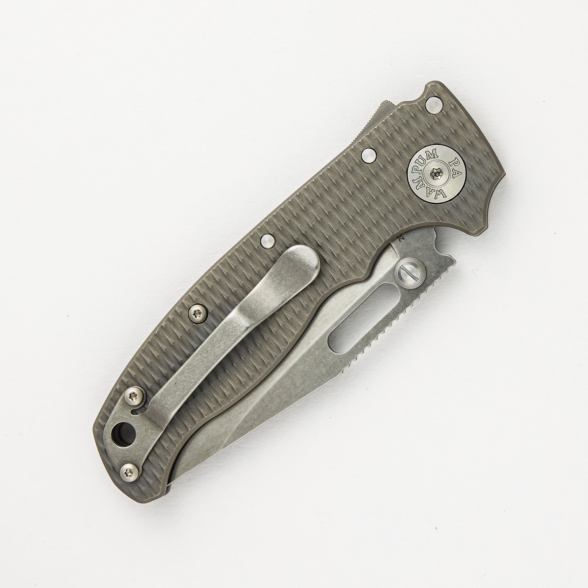 AD20.5 20CV Milled Textured Titanium Handle Clip Point Stonewash Blade