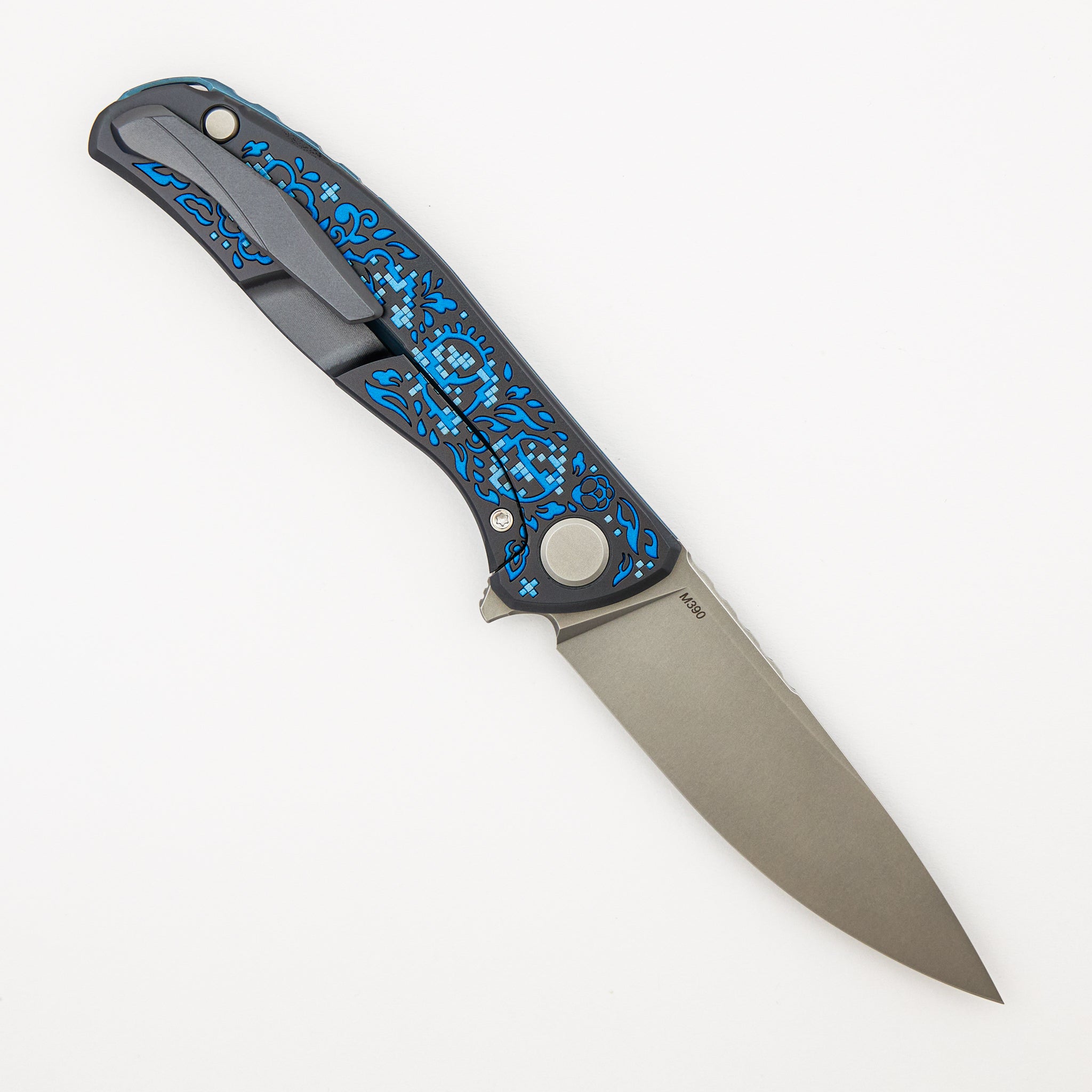 Shirogorov Knives / Ti2 Design F95 Black Hula "Blue Pixelated Flower" - M390 Blade - MRBS