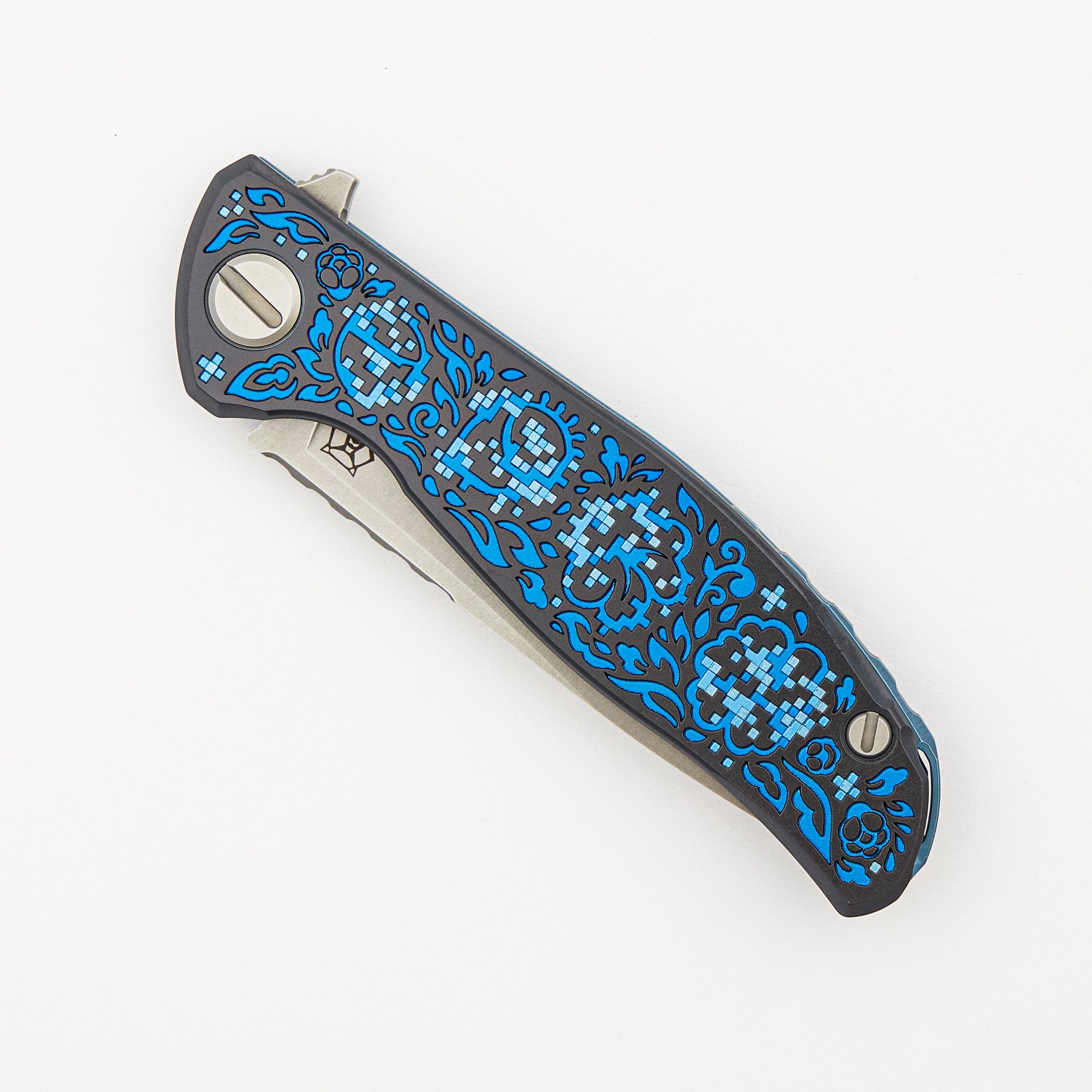 Shirogorov Knives / Ti2 Design F95 Black Hula "Blue Pixelated Flower" - M390 Blade - MRBS